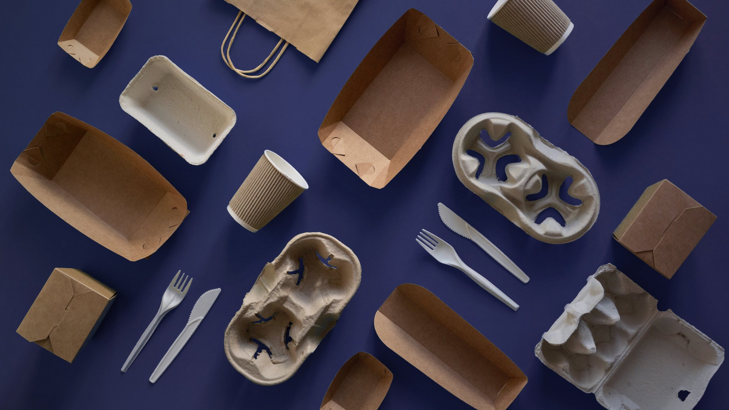 Various eco-friendly food containers and utensils on a blue background, including biodegradable boxes, egg cartons, paper cups, cutlery, and a fork and knife.