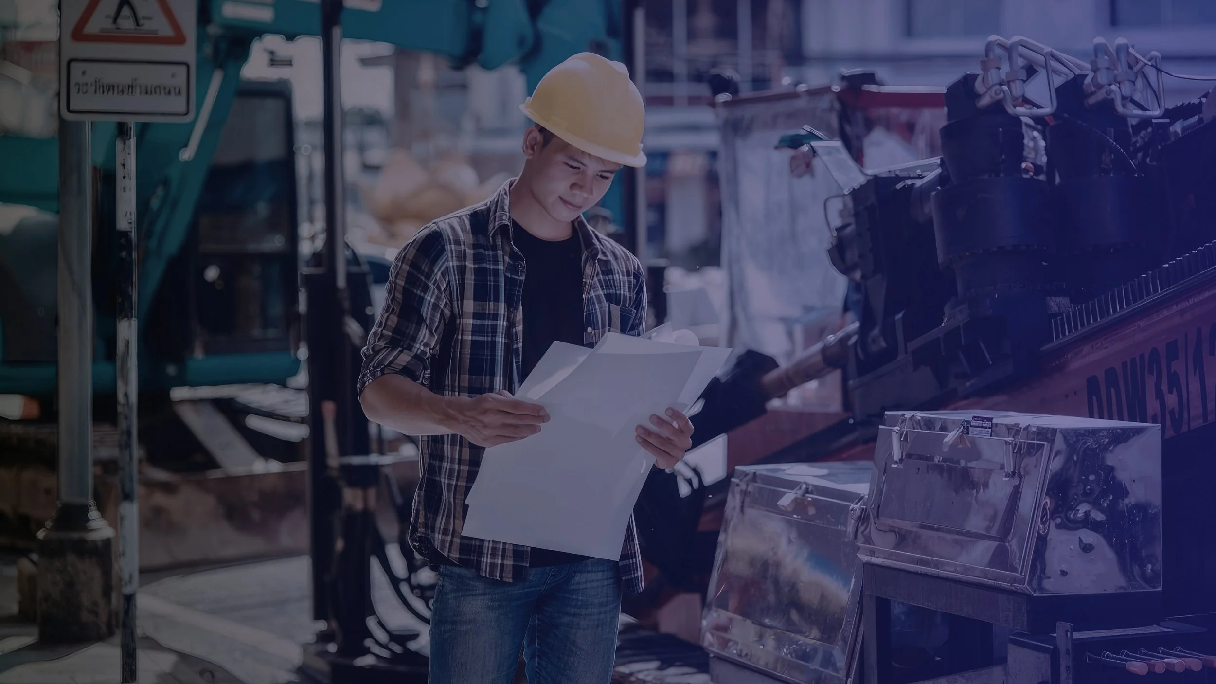 A construction worker in a yellow hard hat and plaid shirt is reading papers at an outdoor construction site, with construction equipment and machinery in the background.