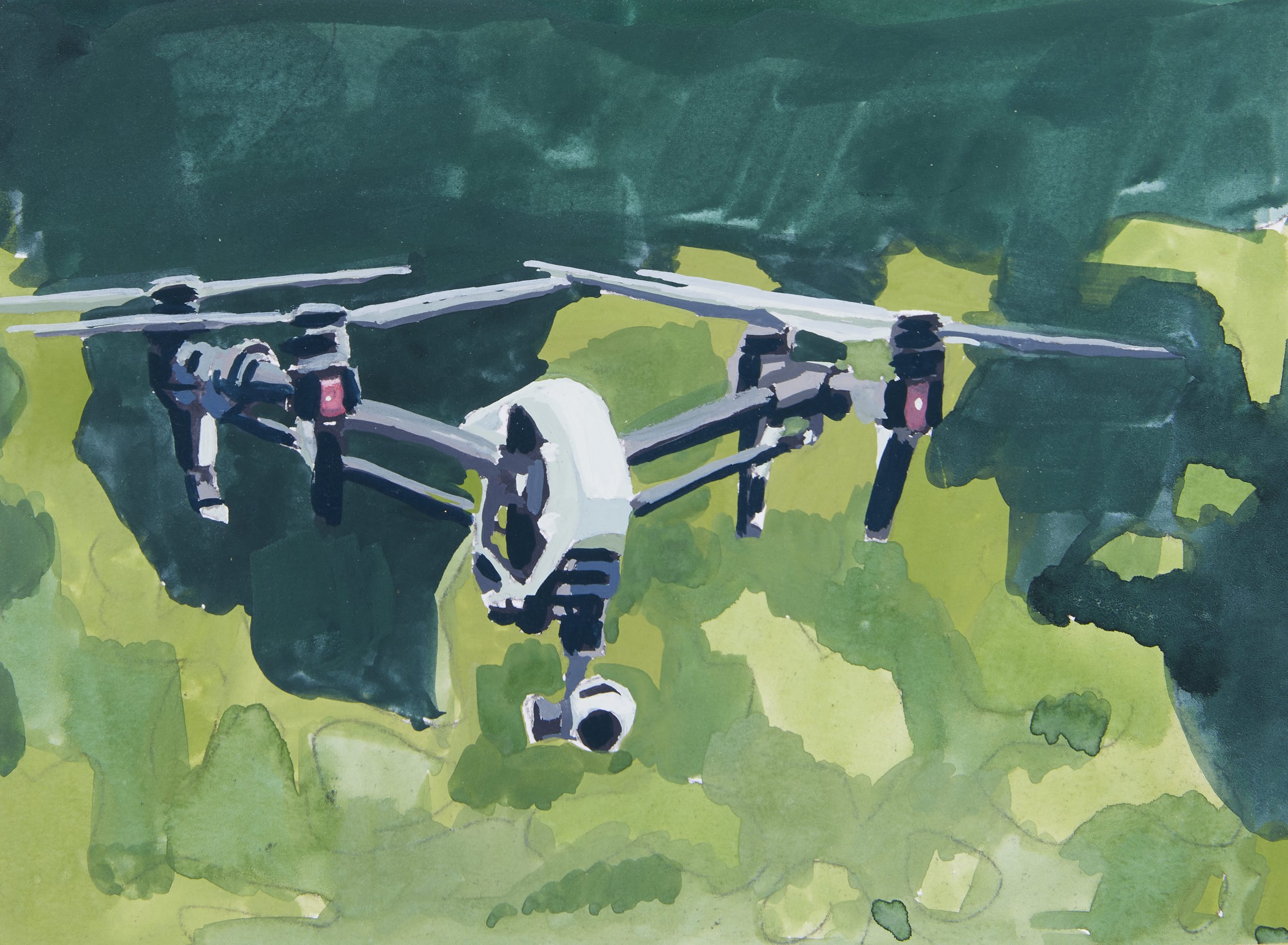 'Drone 1' 2020, Gouache on paper, 13 x 18 cms