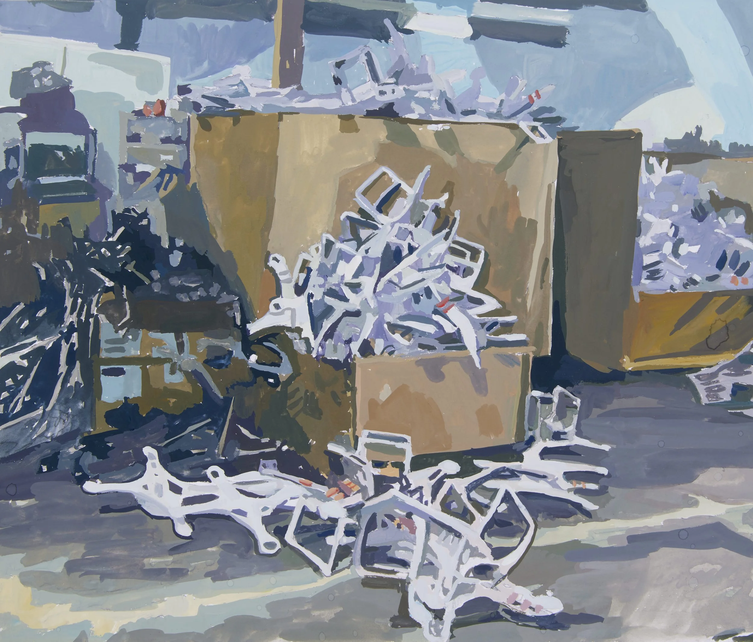 'Drone Factory' 2021, Gouache on paper, 26 x 30 cms
