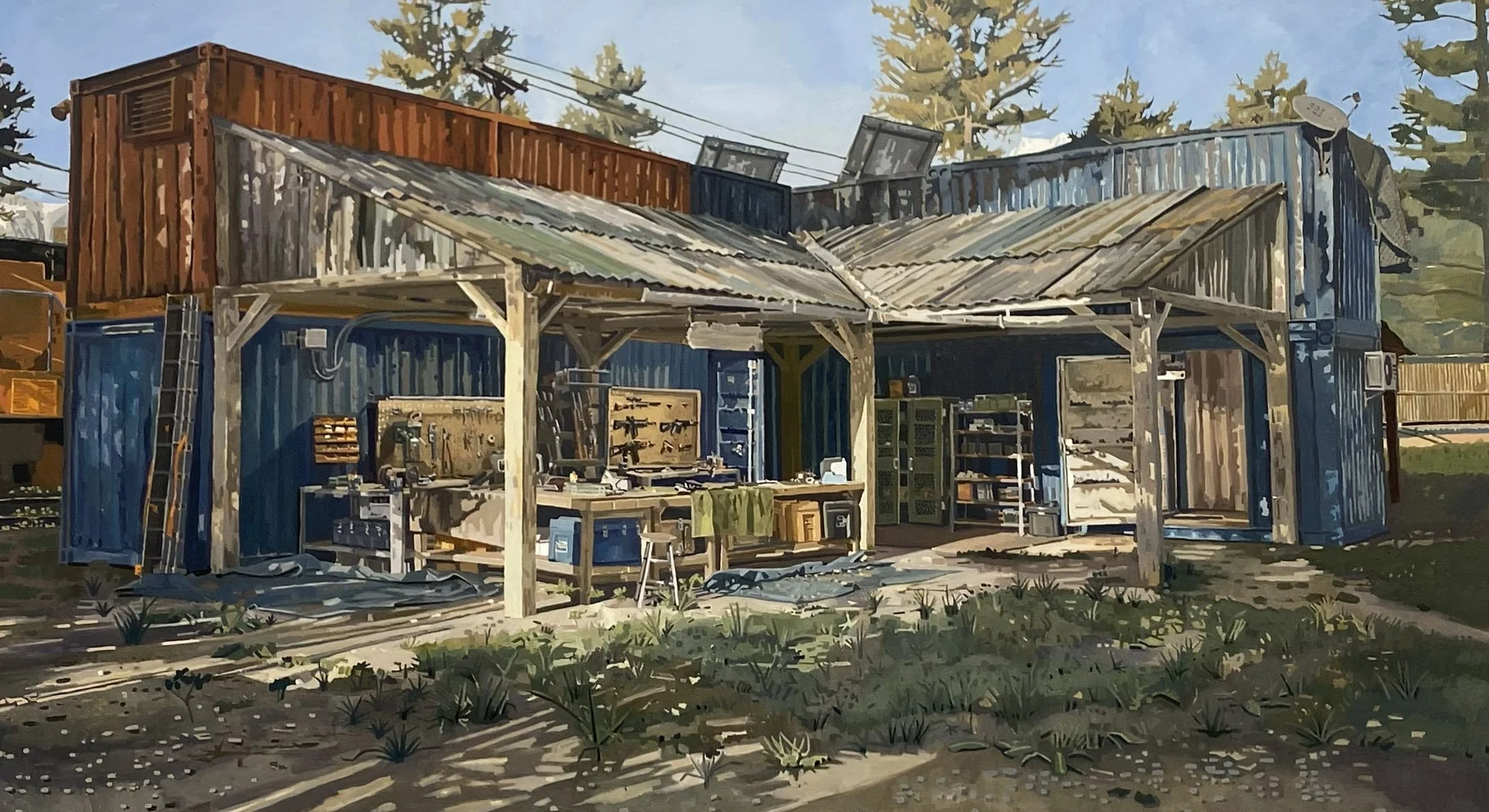 'Unreal Apocalypse - Survivors Compound' 2025, Oil on canvas, 112 x 200 cms
