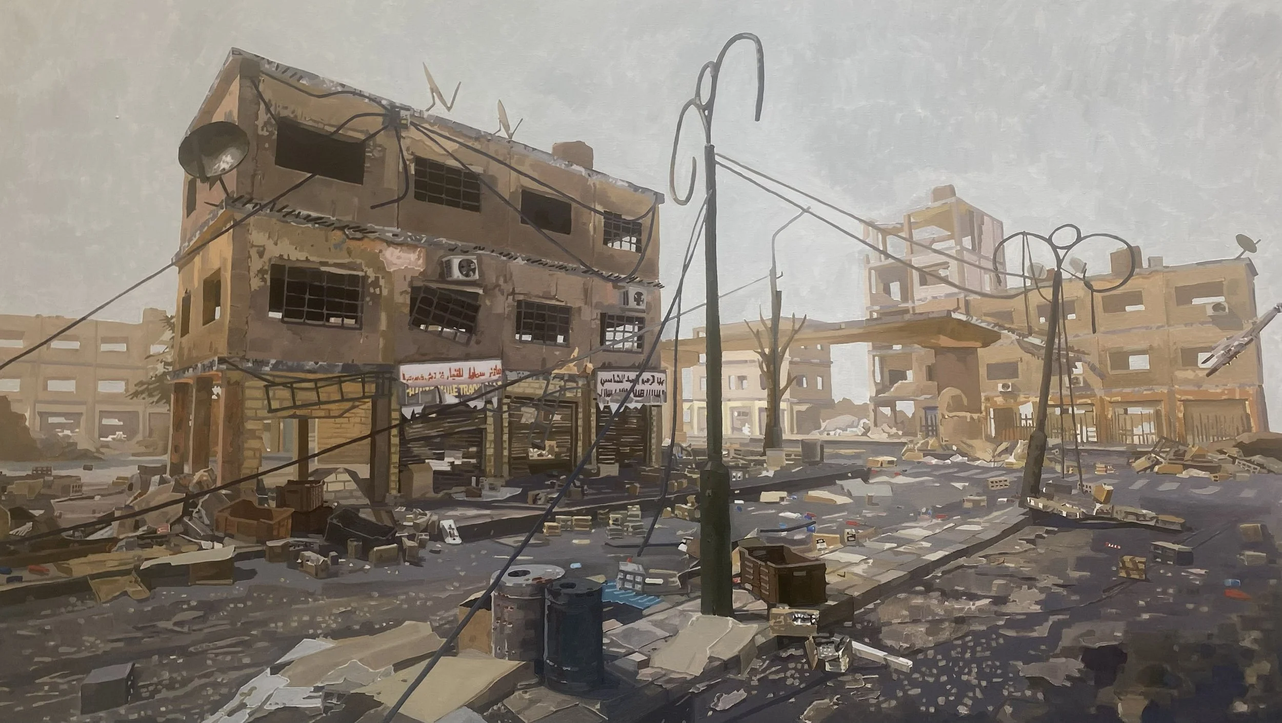 'Destroyed City (Unreal)' 2025, Oil on canvas, 112 x 200 cms

