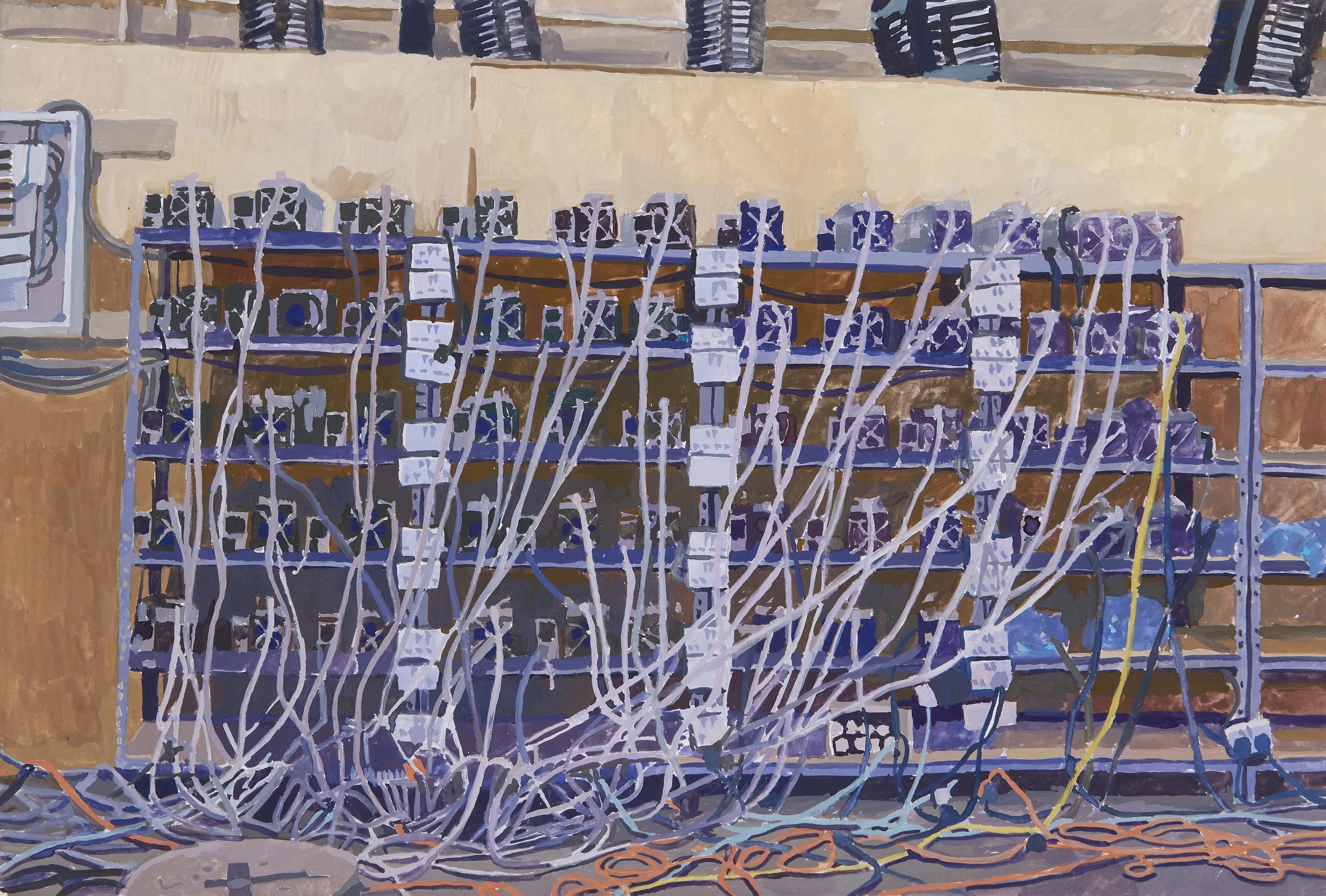 'Bit Coin Mine' 2023, Gouache on paper, 29 x 42 cms