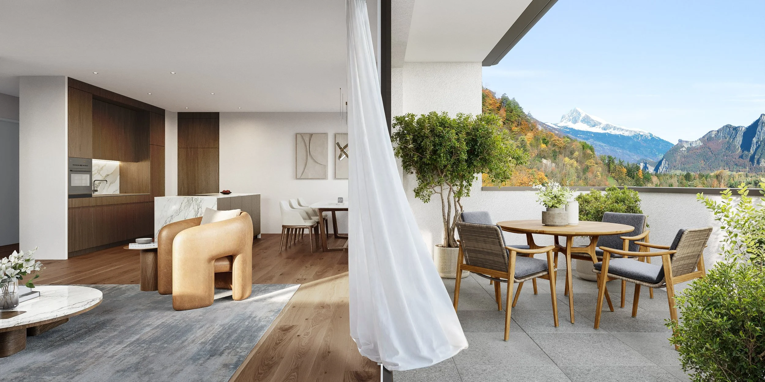 Heller, offener Wohnraum in Bad Ragaz mit Blick auf die Alpen im Taminatal