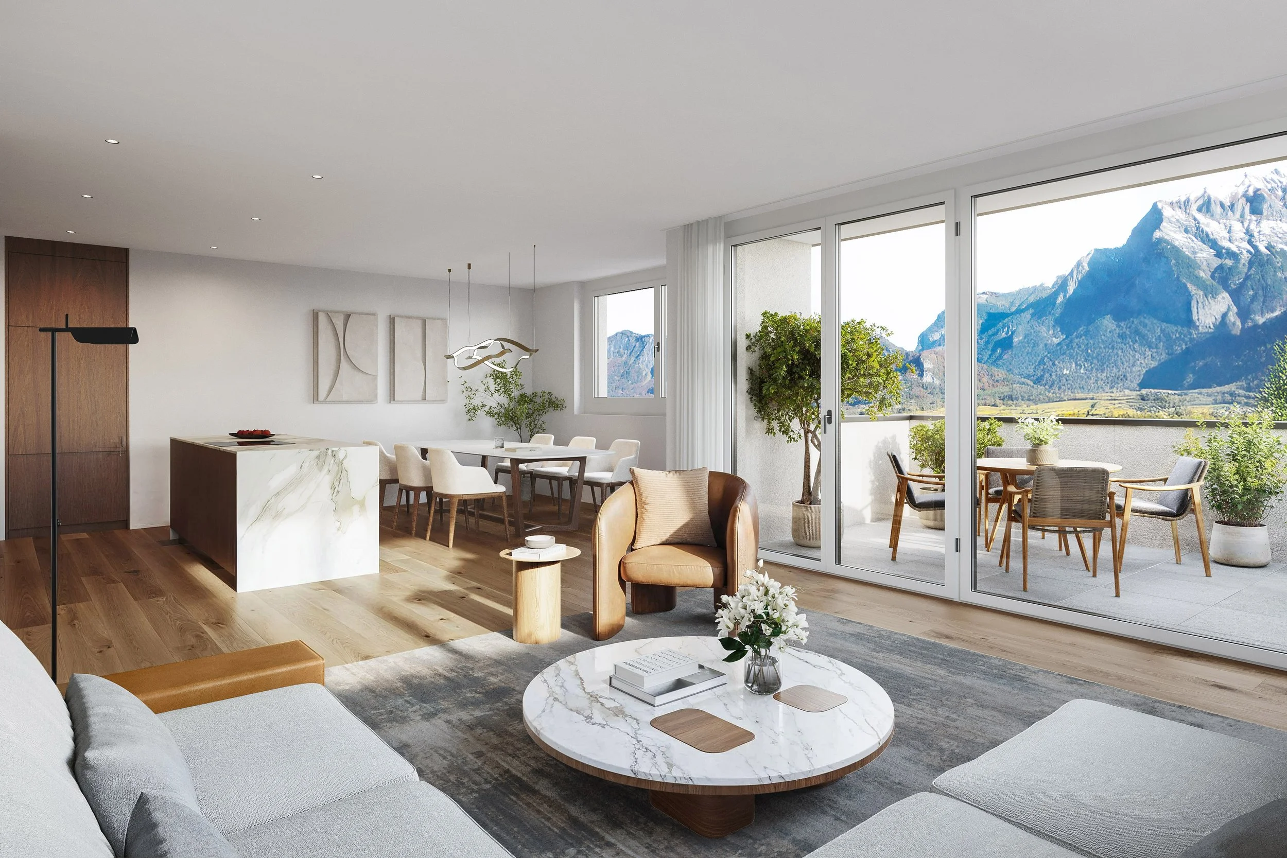 Exklusives Interior Design und der Ausblick ins Taminatal verbinden sich zu einem stimmigen Ganzen