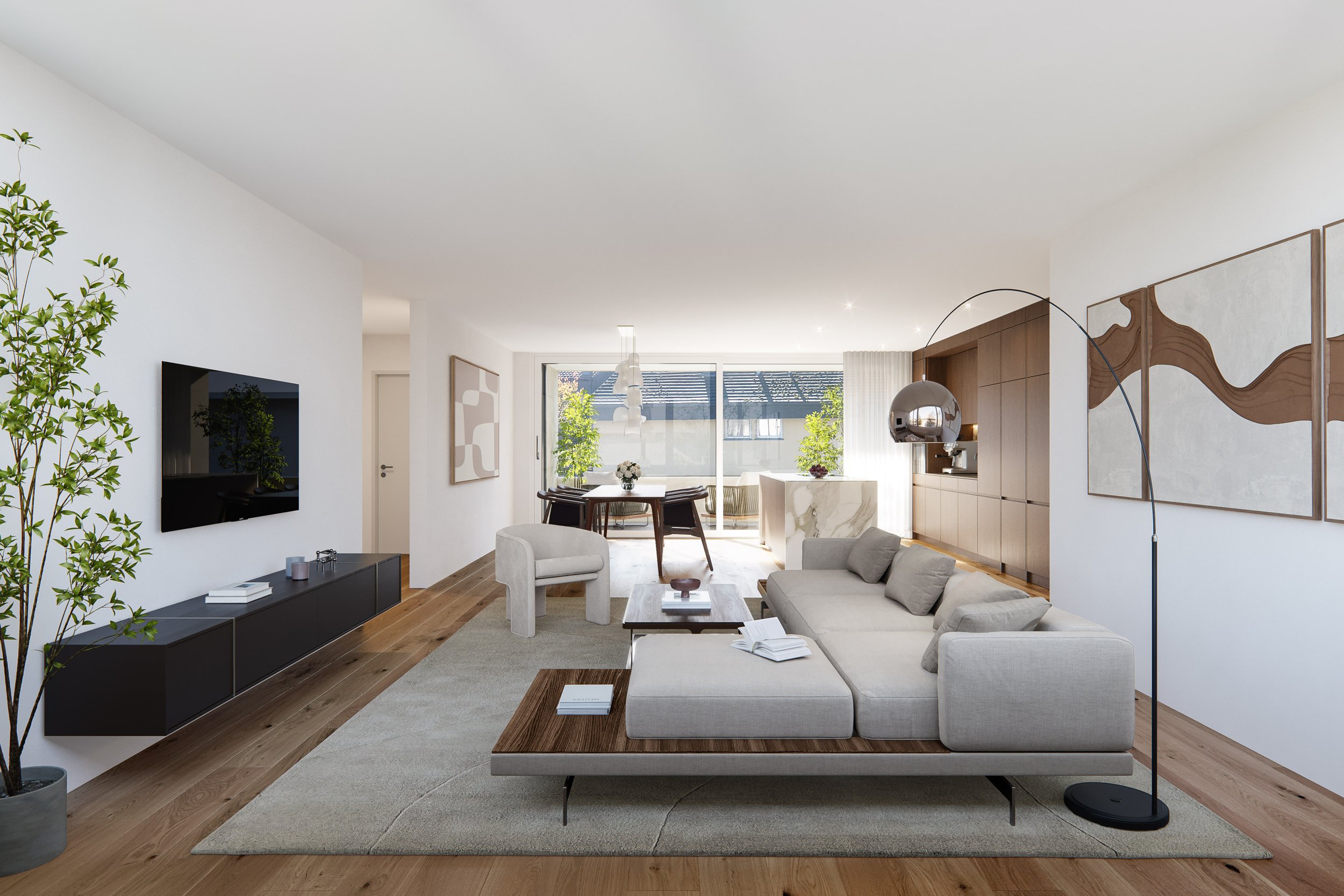 Modern gestaltetes Wohnzimmer mit klaren Linien und warmen Materialien