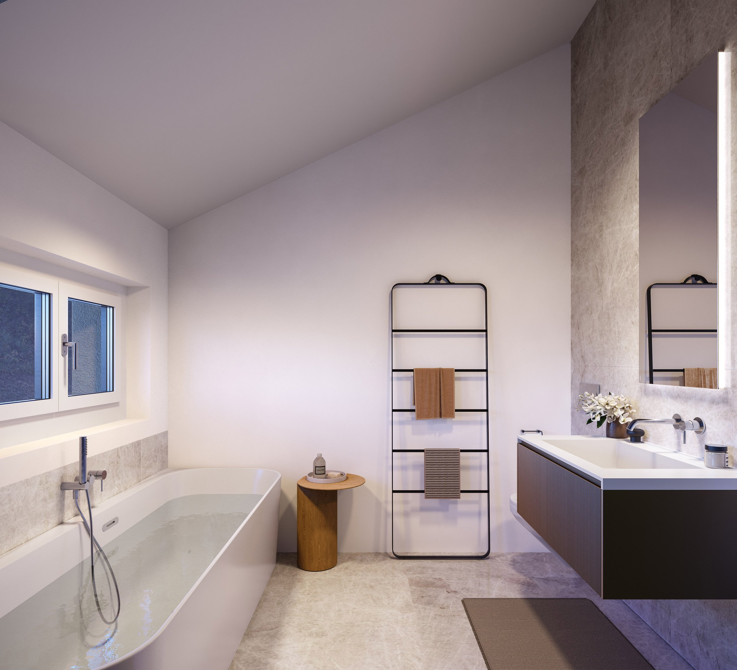 Elegantes Bad mit natürlichen Oberflächen und ruhiger Farbgebung