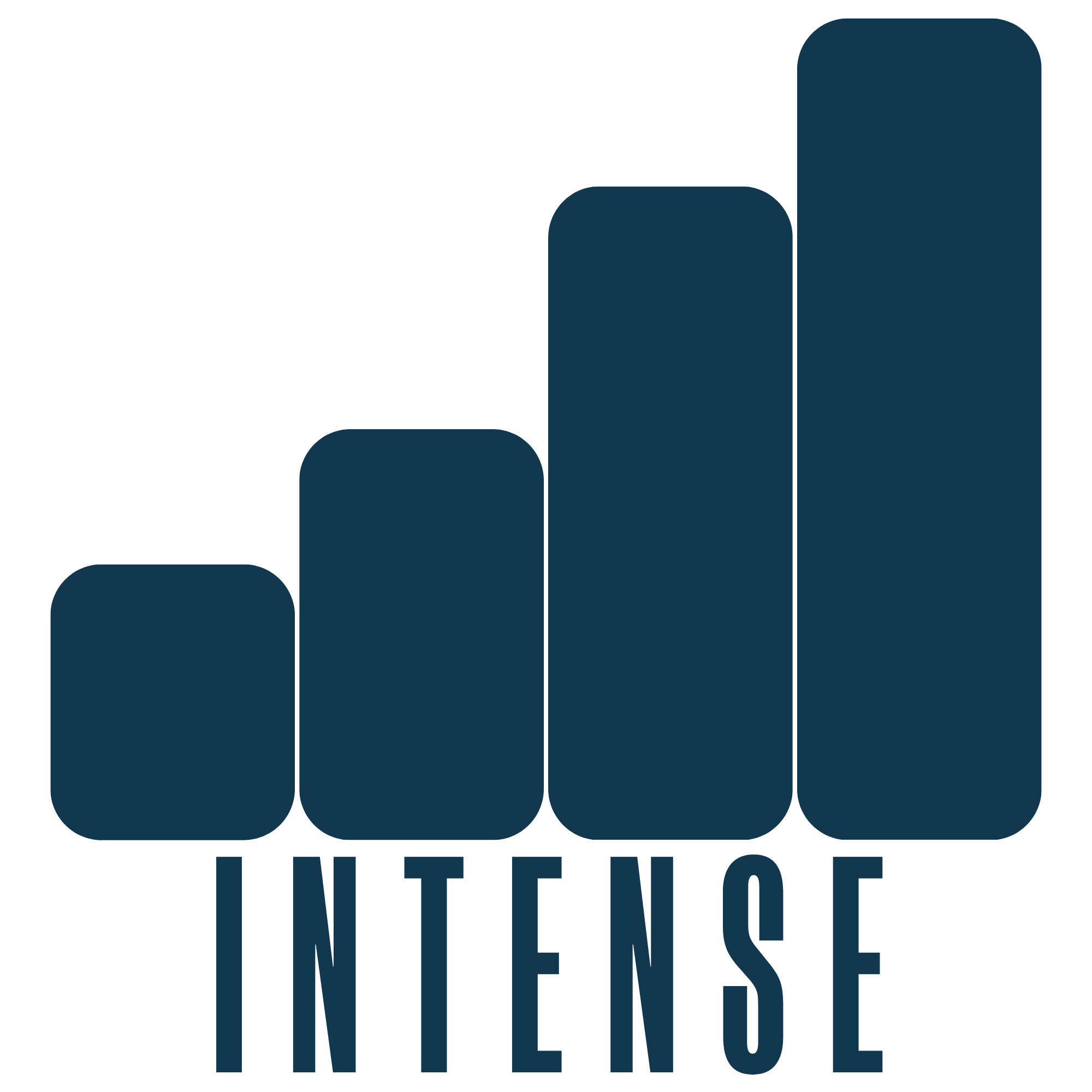 Bar chart with four bars increasing in height from left to right, dark blue color, with the word 'INTENSE' styled vertically underneath.