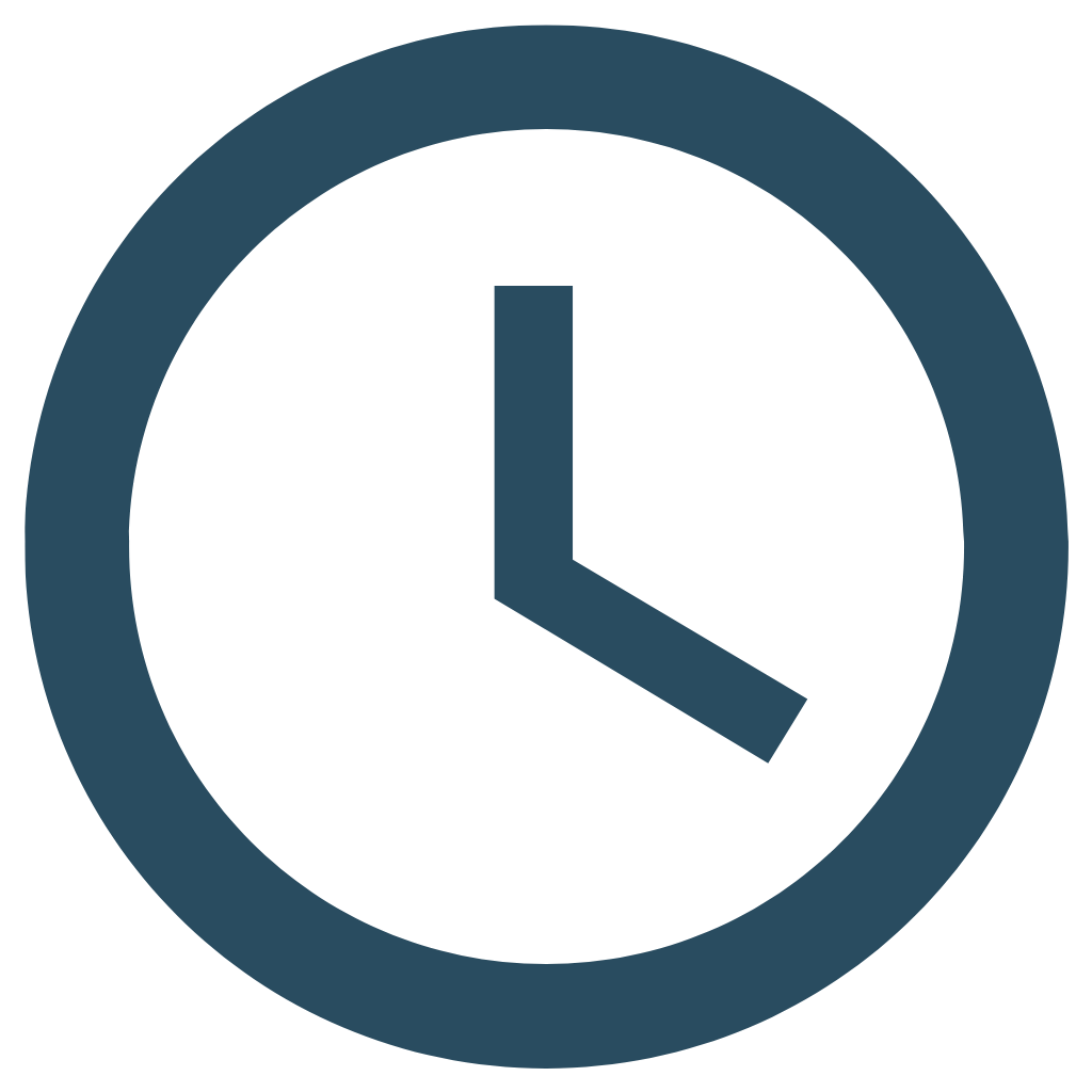 A black clock icon with dark blue outline and hands showing the time as 3:00.