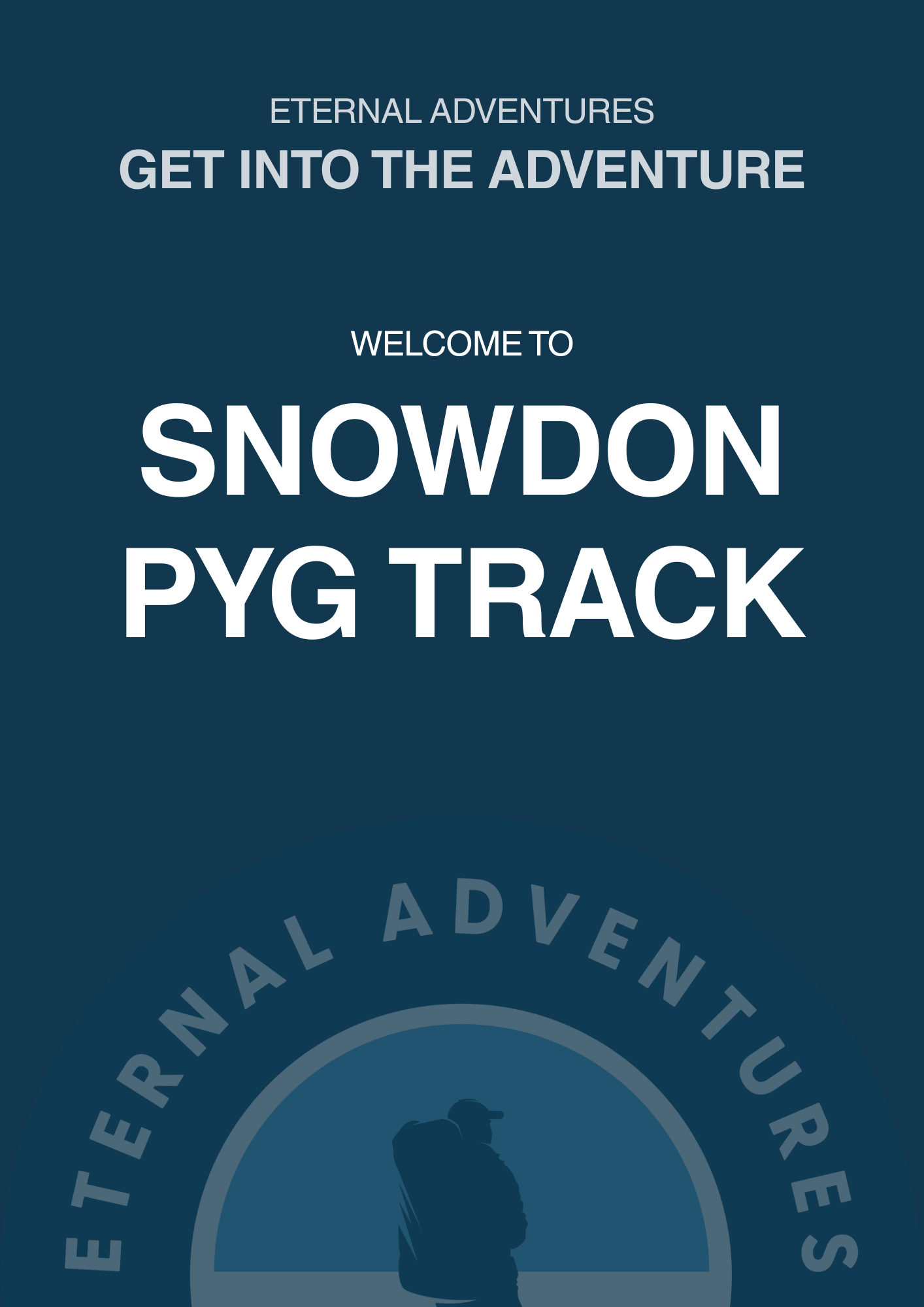 Sign welcoming visitors to Snowdon Pyg Track for outdoor adventures, with a silhouette of a hiker carrying a backpack.