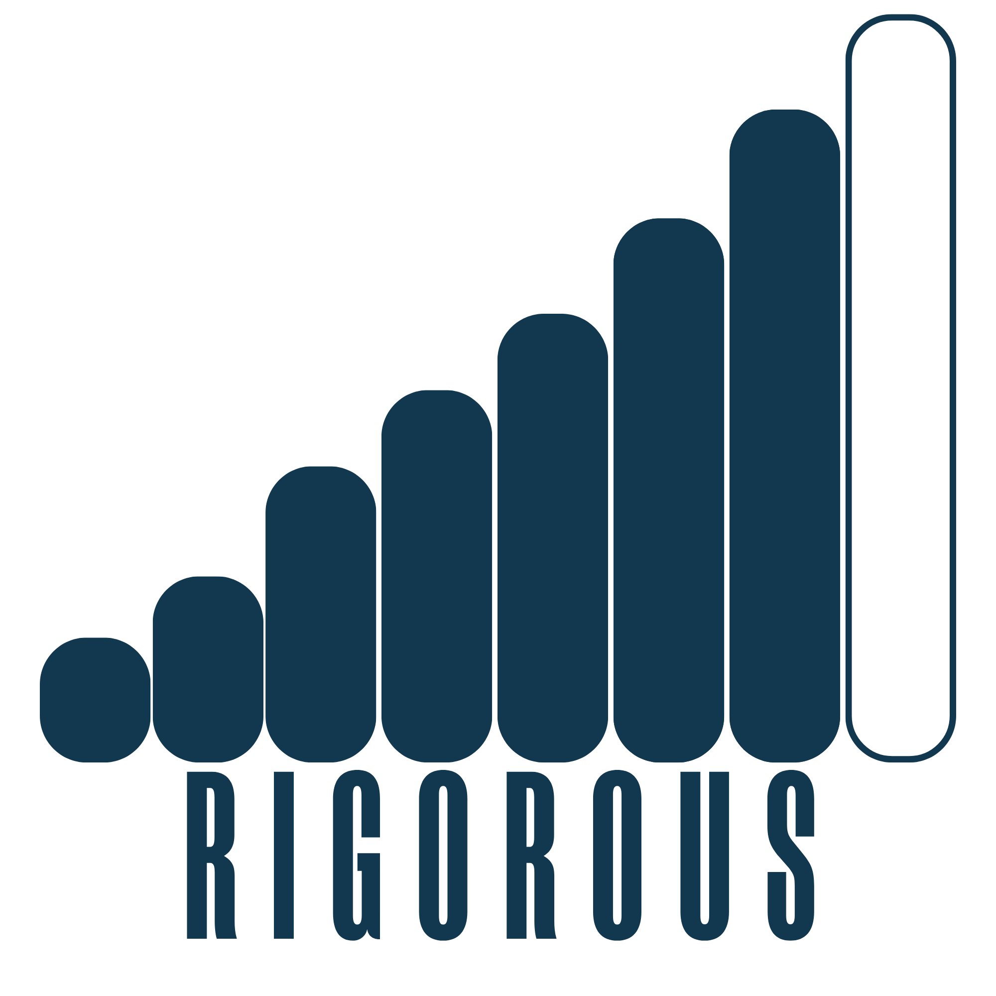 A dark blue graphic of a bar chart with ascending bars, with the word 'RIGOROUS' written vertically beneath the bars.