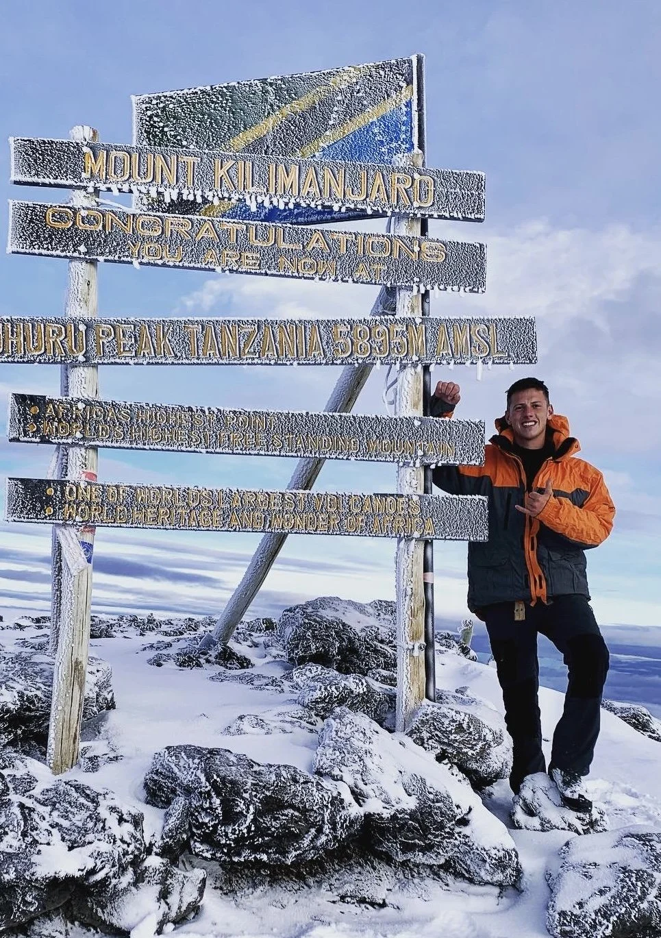 A man standing next to a snow-covered sign at Mount Kilimanjaro, which reads 'CONGRATULATIONS YOU ARE NOW AT UHURU PEAK TANZANIA 5895M AMS', with a snowy mountain in the background and icy weather conditions.