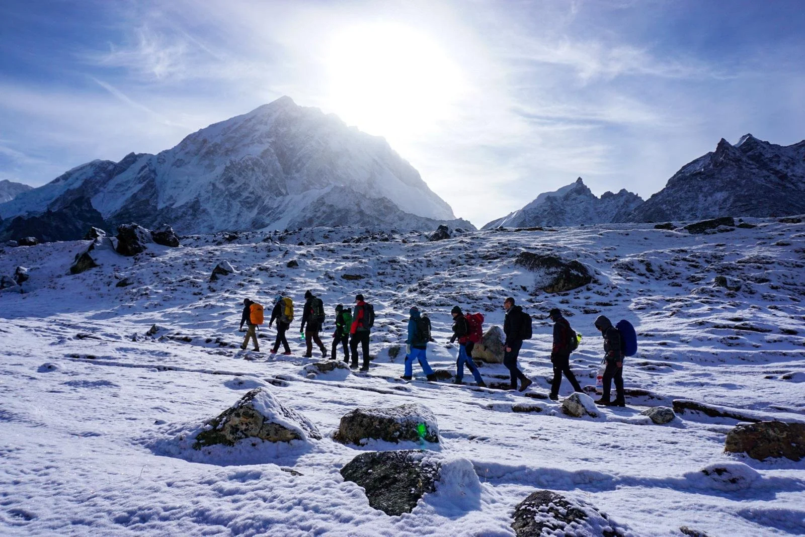 A group of hikers trekking through a snowy mountain landscape with snow-covered rocks and rugged mountain peaks in the background, under a clear sky with the sun shining brightly.