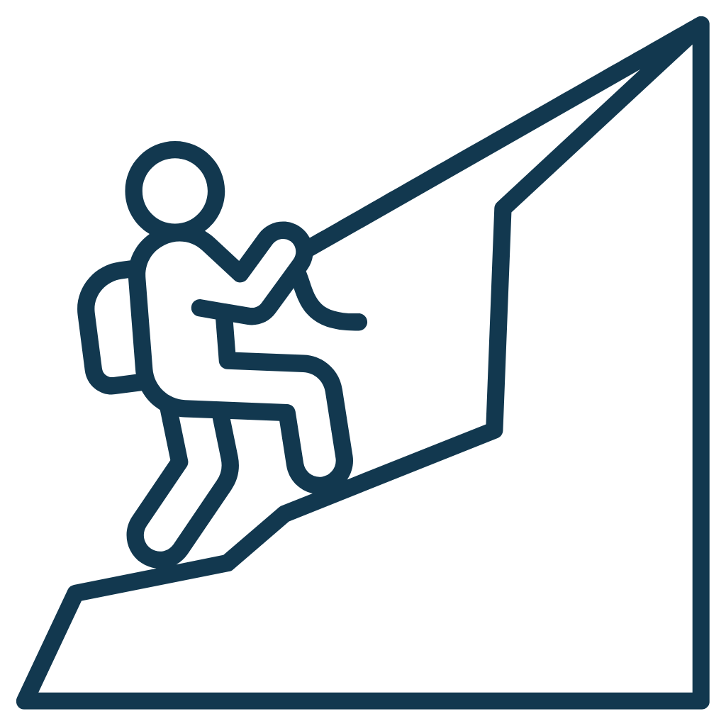 A simple line drawing of a person sitting in a chair and riding a large upward trending arrow, representing growth or progress.