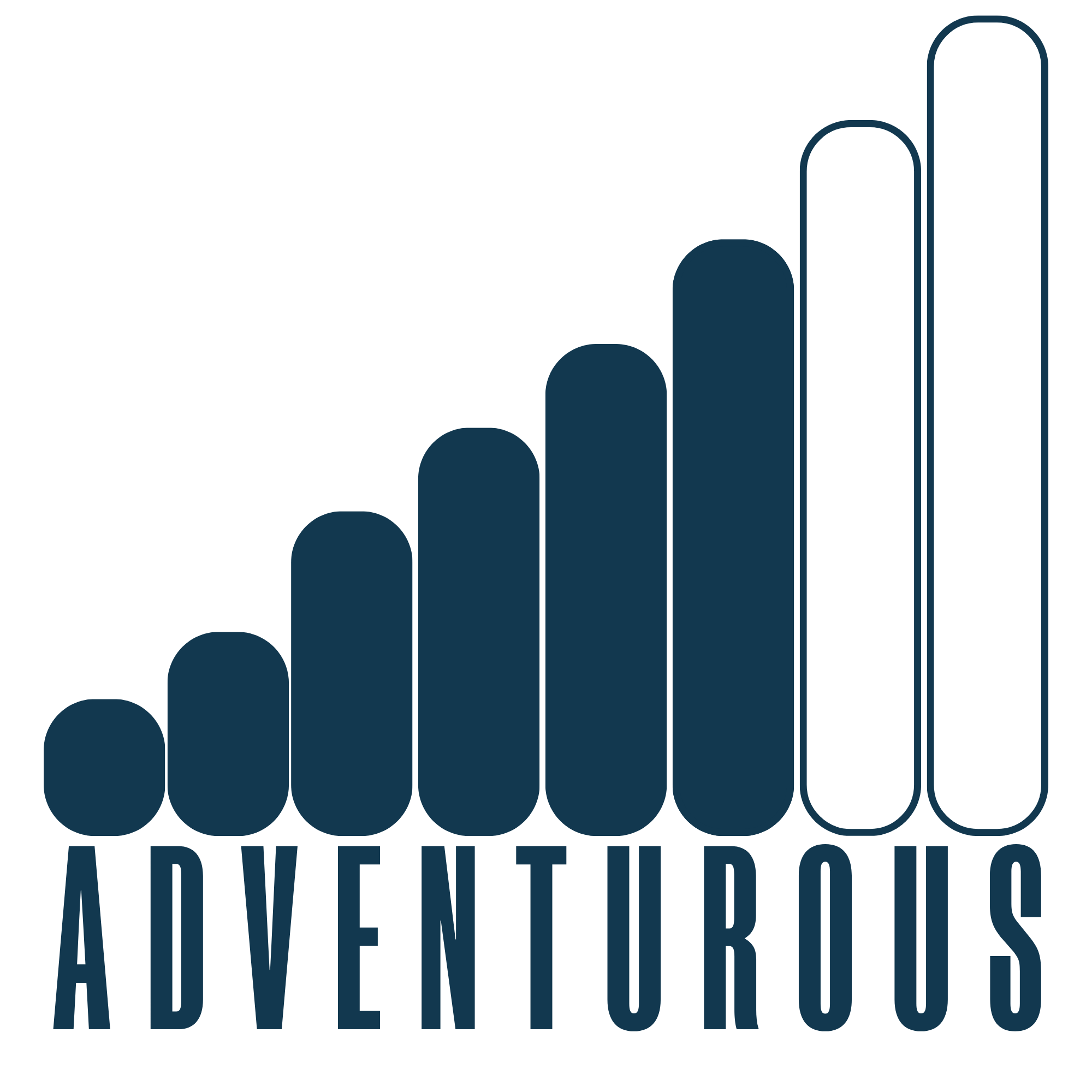 A dark blue logo with a stylized ascending bar chart and the word 'ADVENTUROUS' below it.