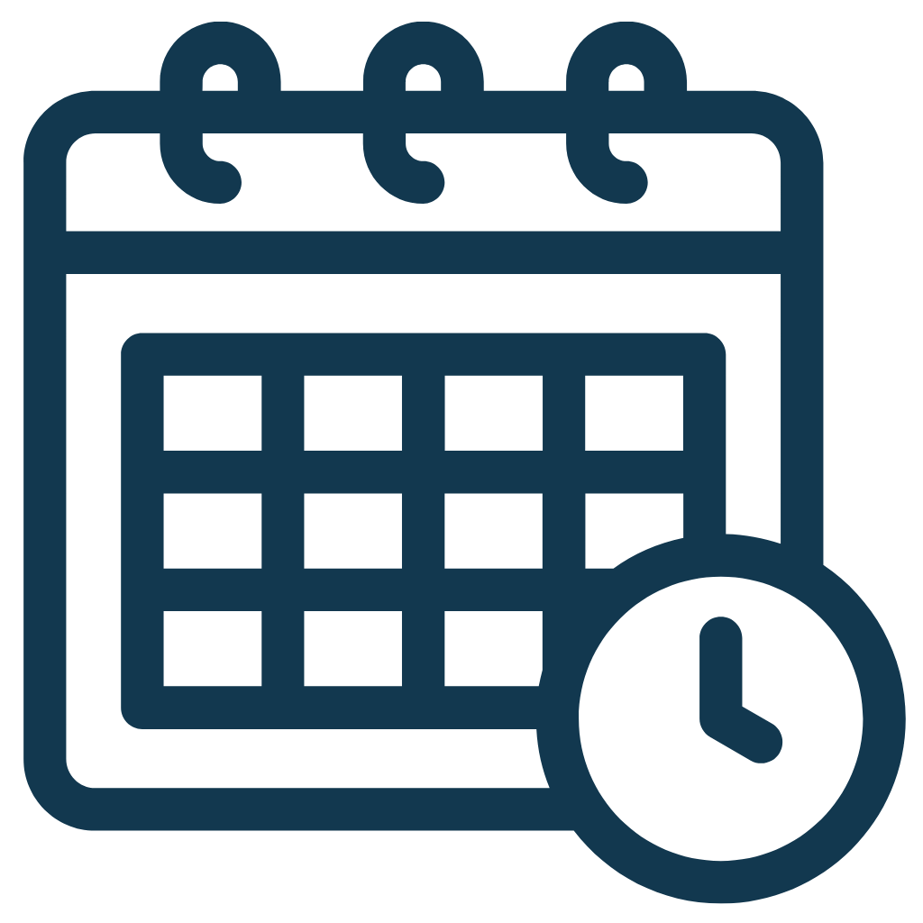 Icon of a calendar with a clock, representing scheduling or dates.