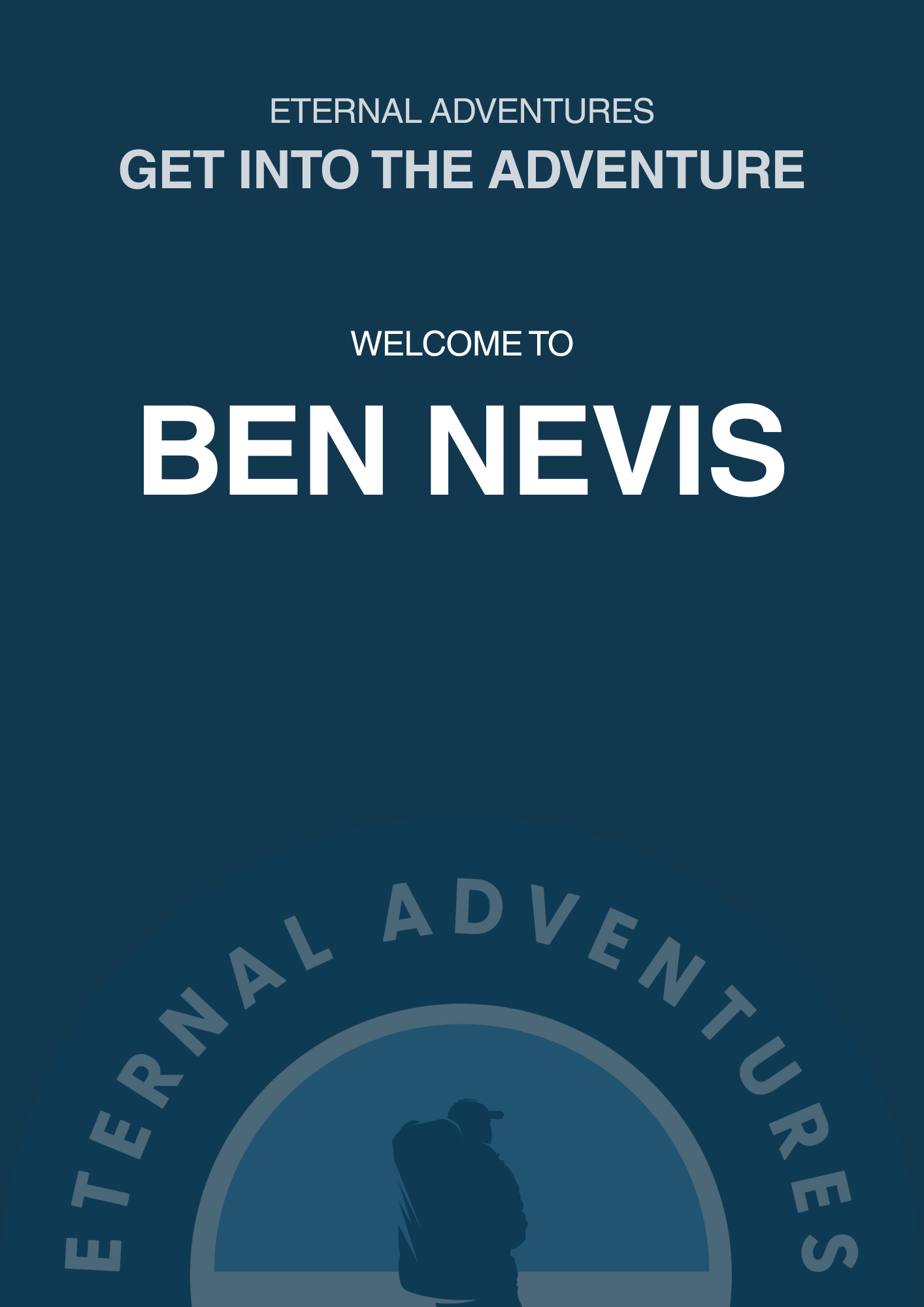 Welcome sign for Ben Nevis and Eternal Adventures, featuring a silhouette of a hiker with a backpack.