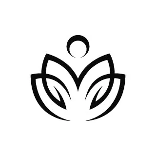 Stylized black and white lotus flower with symmetrical petals and a small circle above it