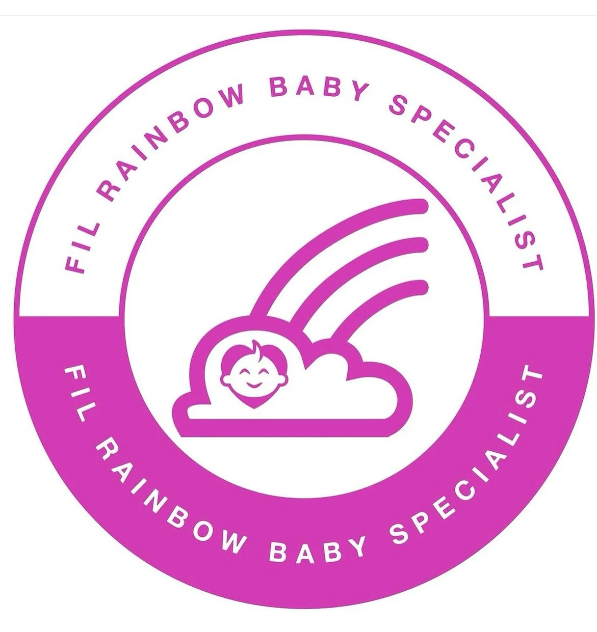 A certification badge with a purple border and purple text that reads 'Fil Rainbow Baby Specialist' and 'Fil Rainbow Baby Specialist' in a circular pattern. The center features a smiling baby face inside a rainbow and cloud icon.