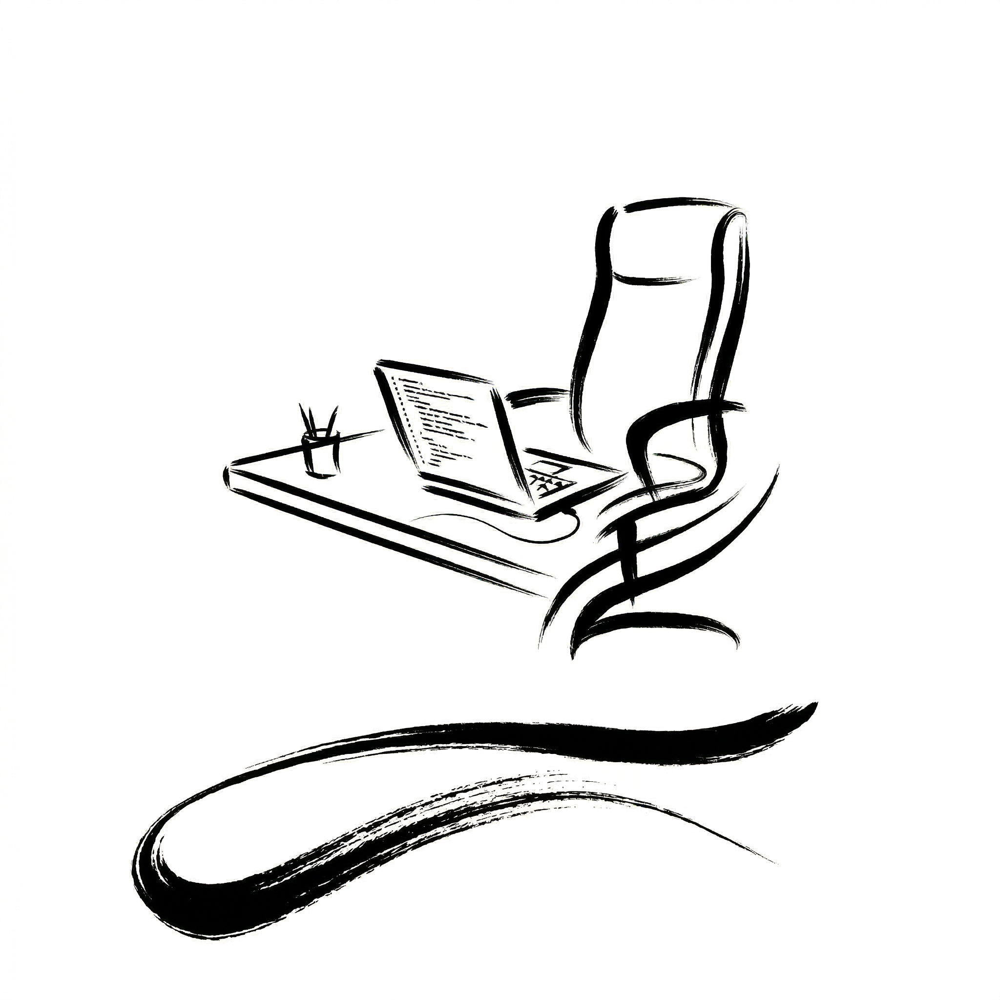 Black and white sketch of an ergonomic office chair with a desk, a laptop, and a small container with pens.