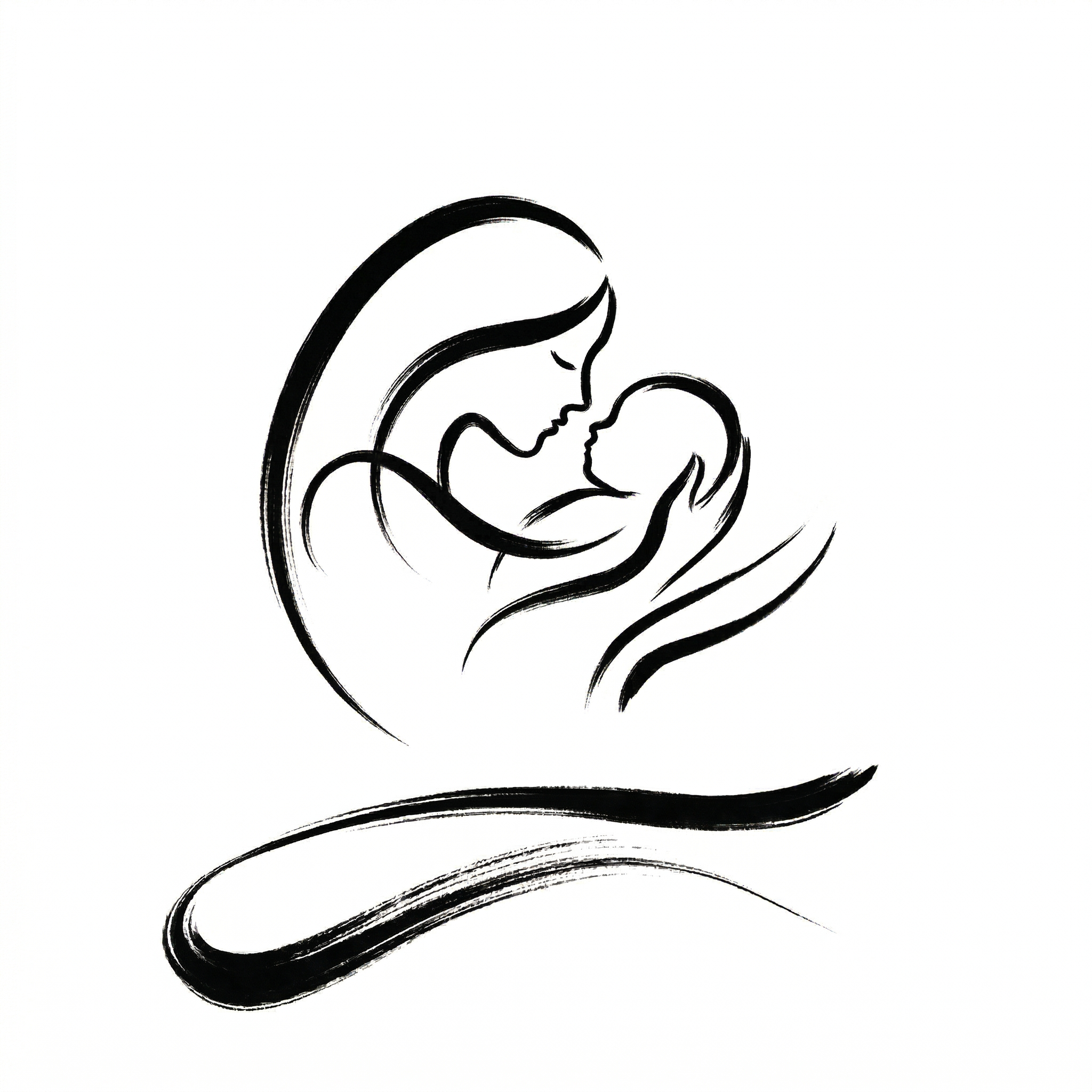 Black and white line drawing of a woman cradling a baby, both facing each other with gentle expressions, symbolizing maternal love.
