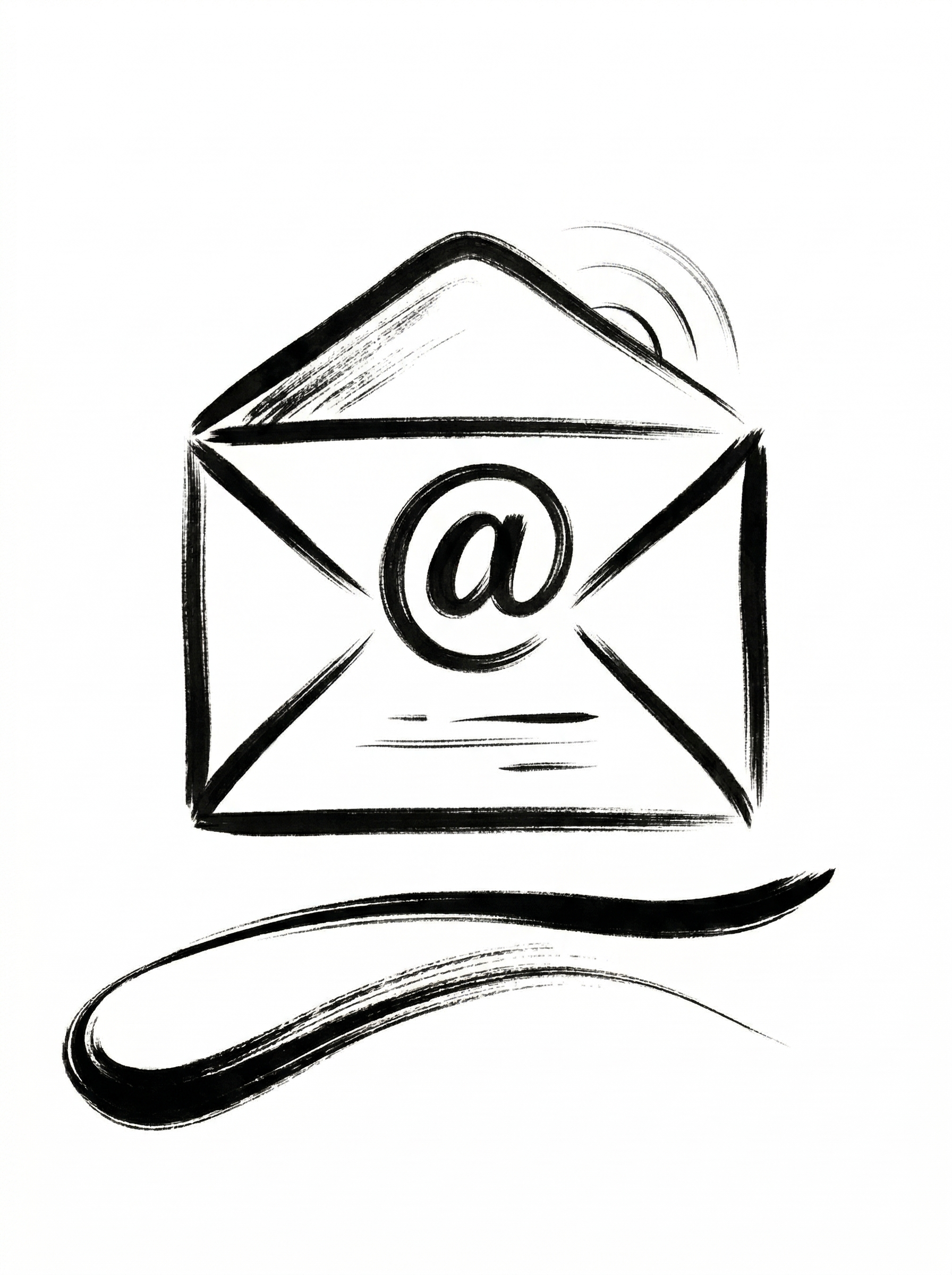 An open Envelope with an @ sign on top illlustrated with black brush stroke design on white background