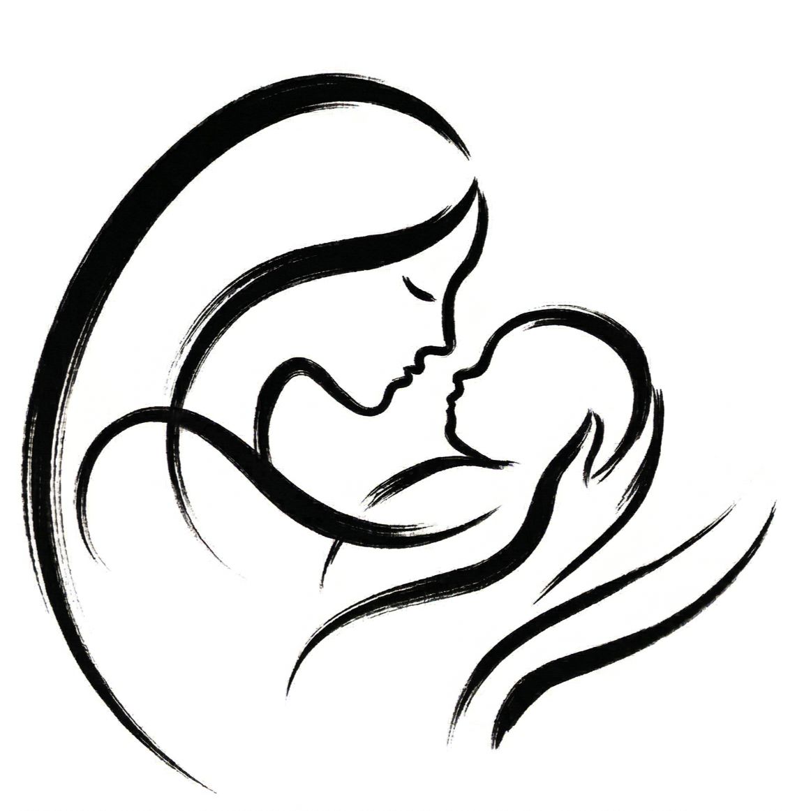 A black and white line art drawing of a mother holding her baby close, both with closed eyes, depicting tenderness and love.