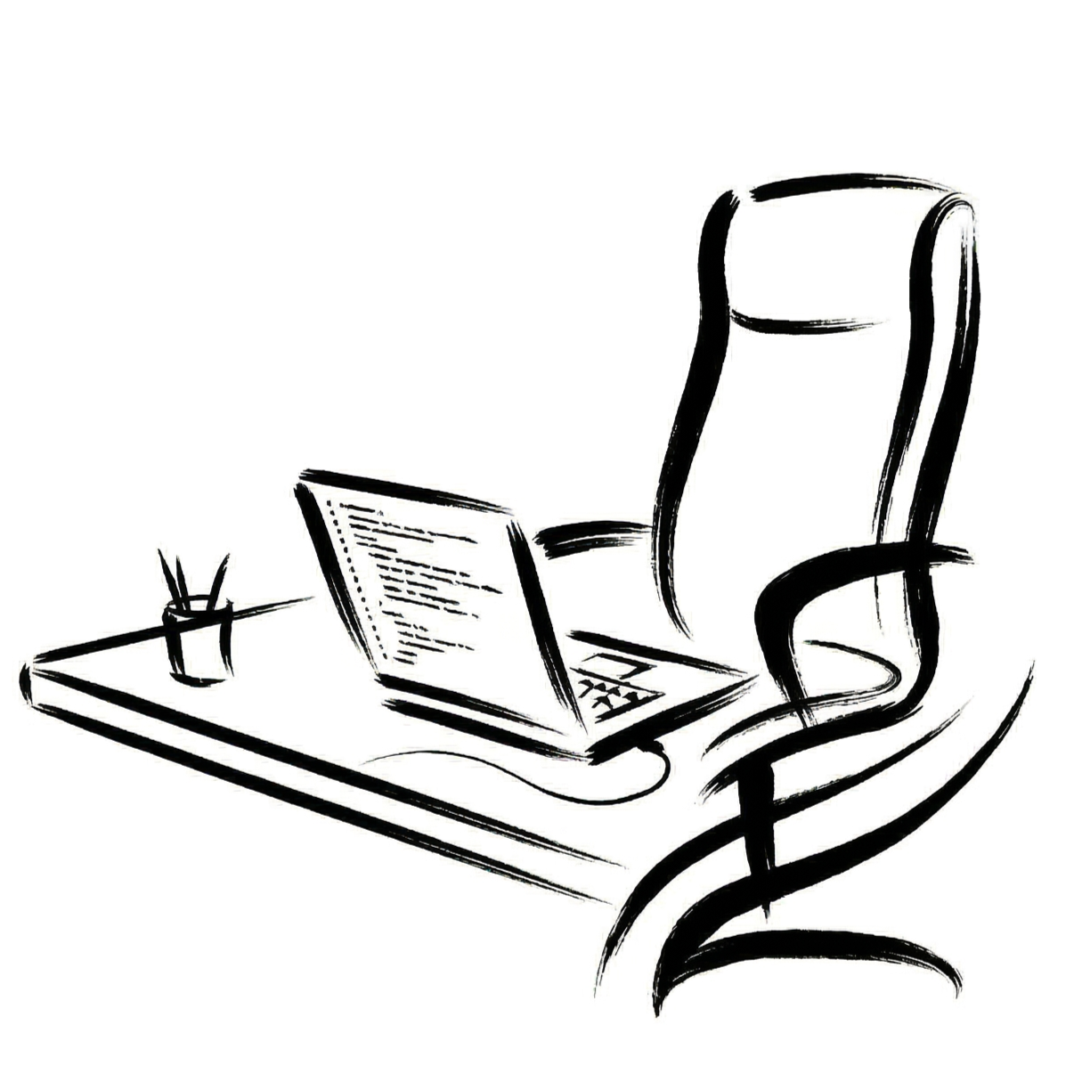 Sketch of a workspace with a desk, a computer, a chair, and a cup with pencils.