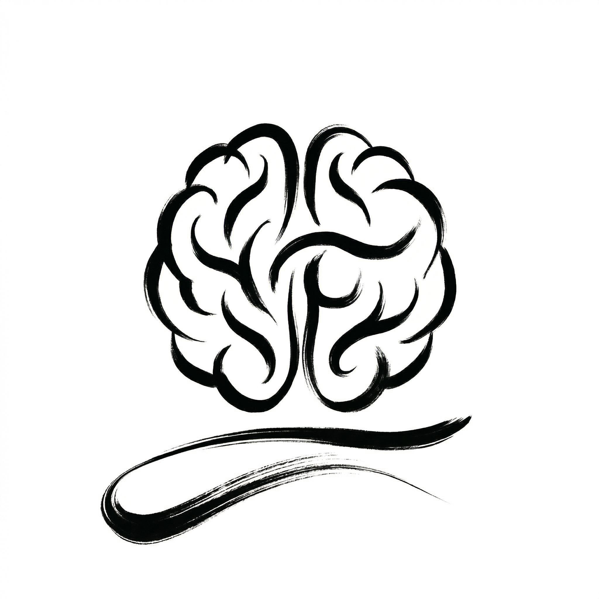 Black and white illustration of a stylized human brain with flowing lines and a curved line underneath.