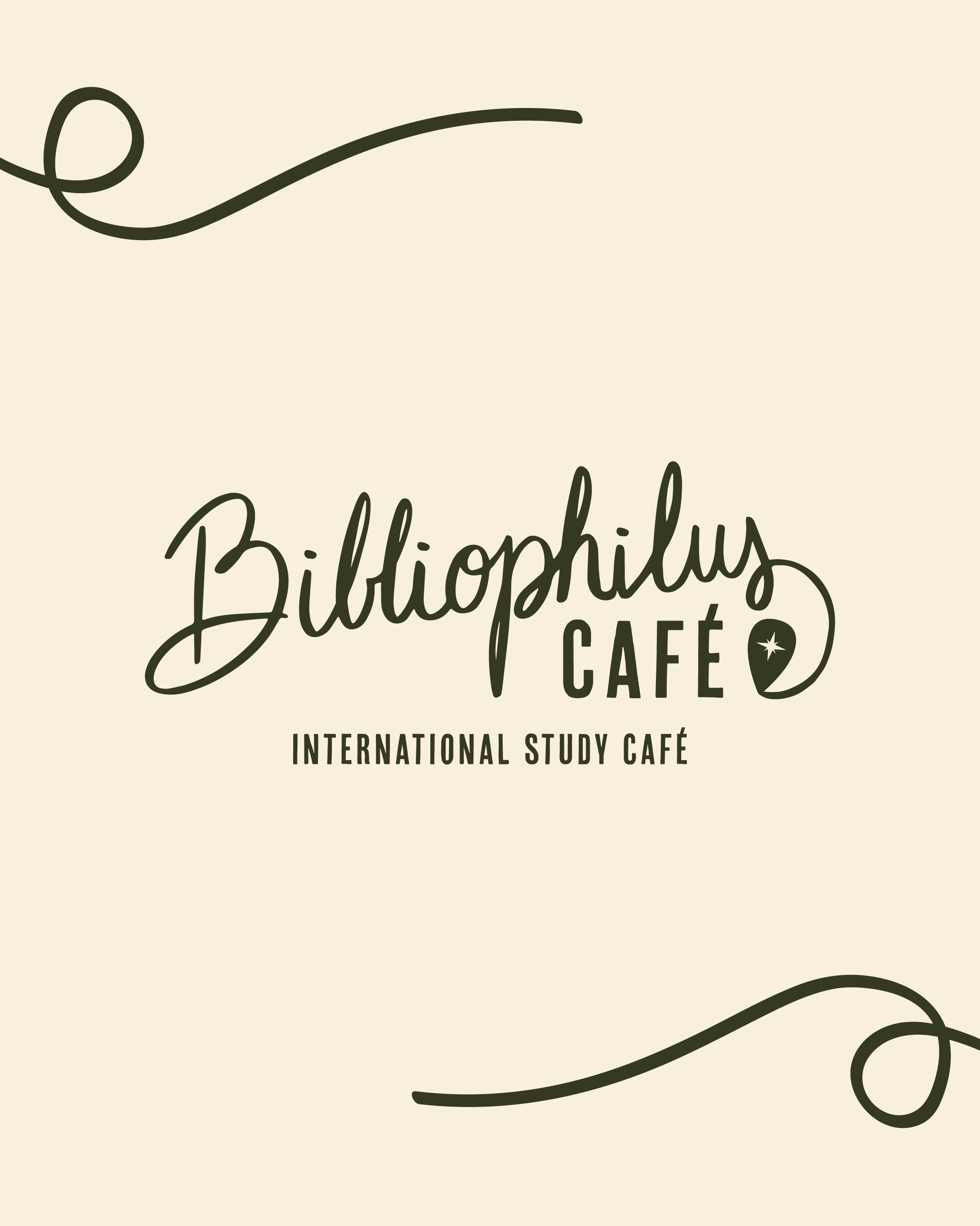 Logo de Bibliophilus Café, un café international avec une écriture stylisée et un symbole d'étoile au sein d'un marqueur de localisation