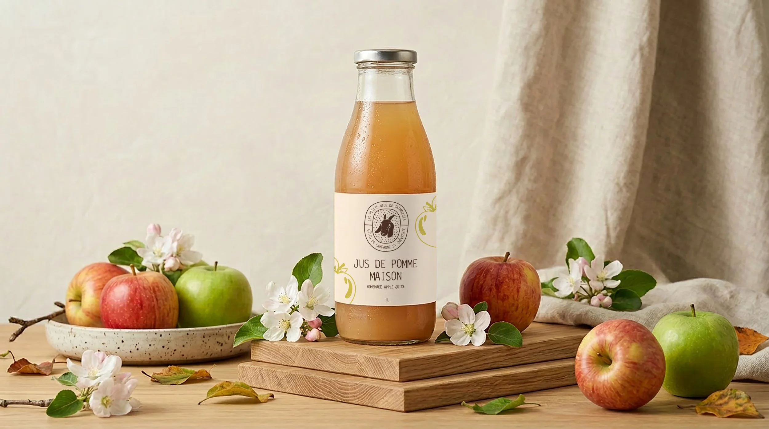 Design d'étiquette par Pauline Bans pour bouteille de jus de pomme avec un logo de chevre pour un gite et ferme chevrerie