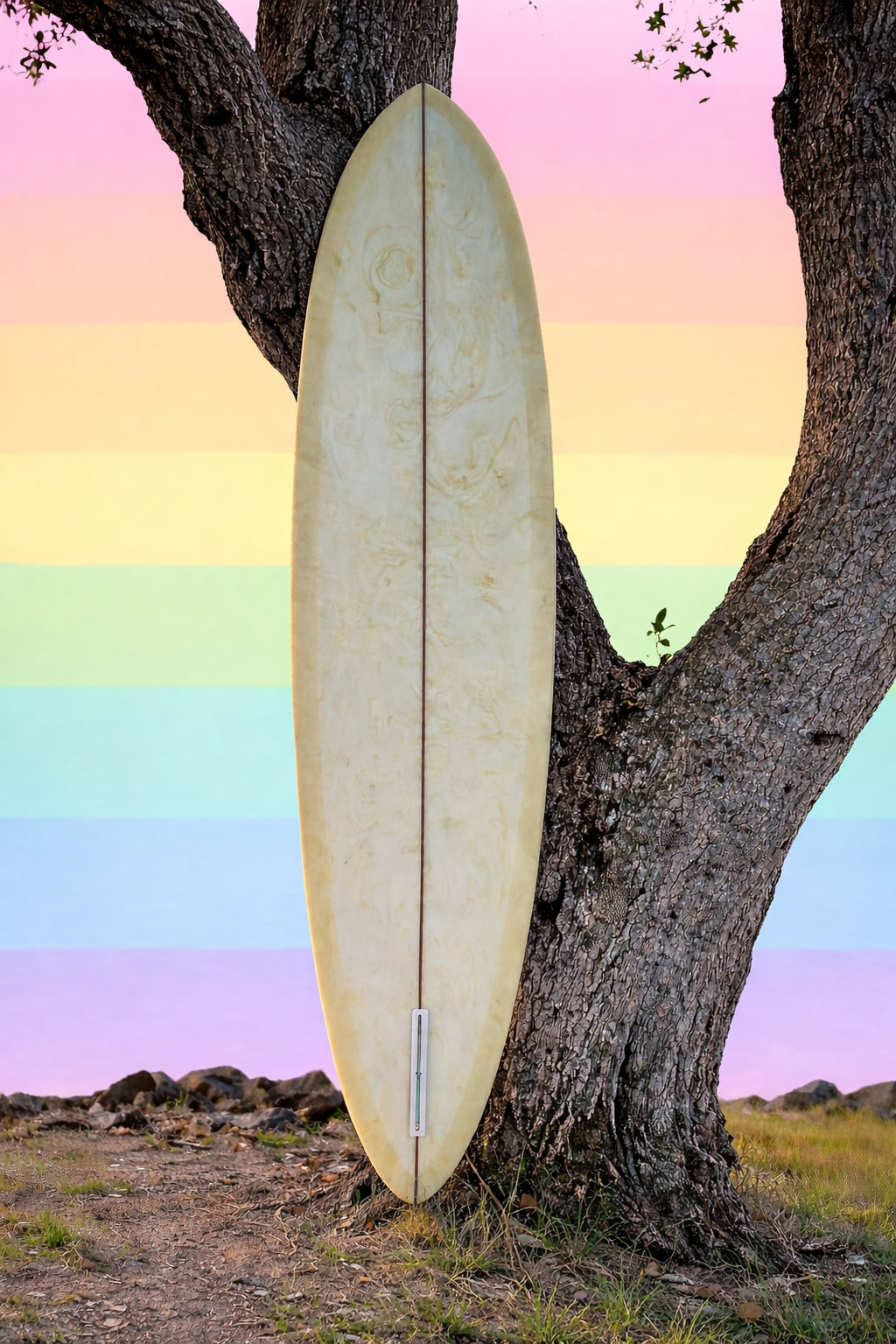 A surfboard leaning against a large tree trunk with a pastel rainbow-colored background in the sky.