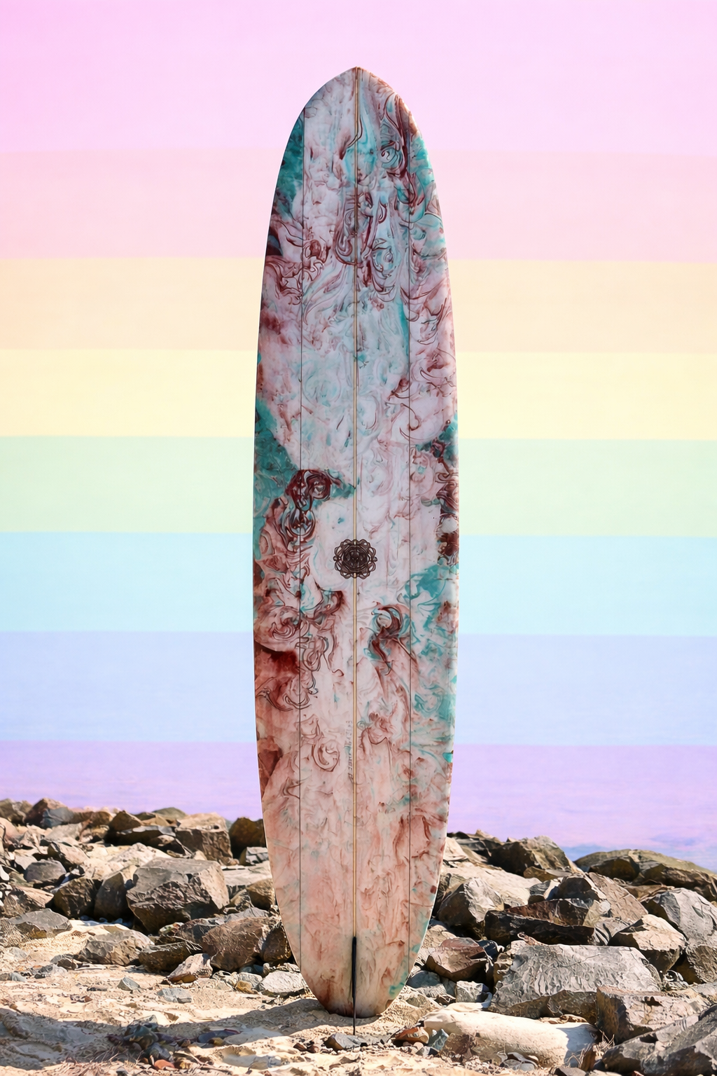 Marble-patterned surfboard standing vertically on rocky beach with pastel-colored horizon in the background.