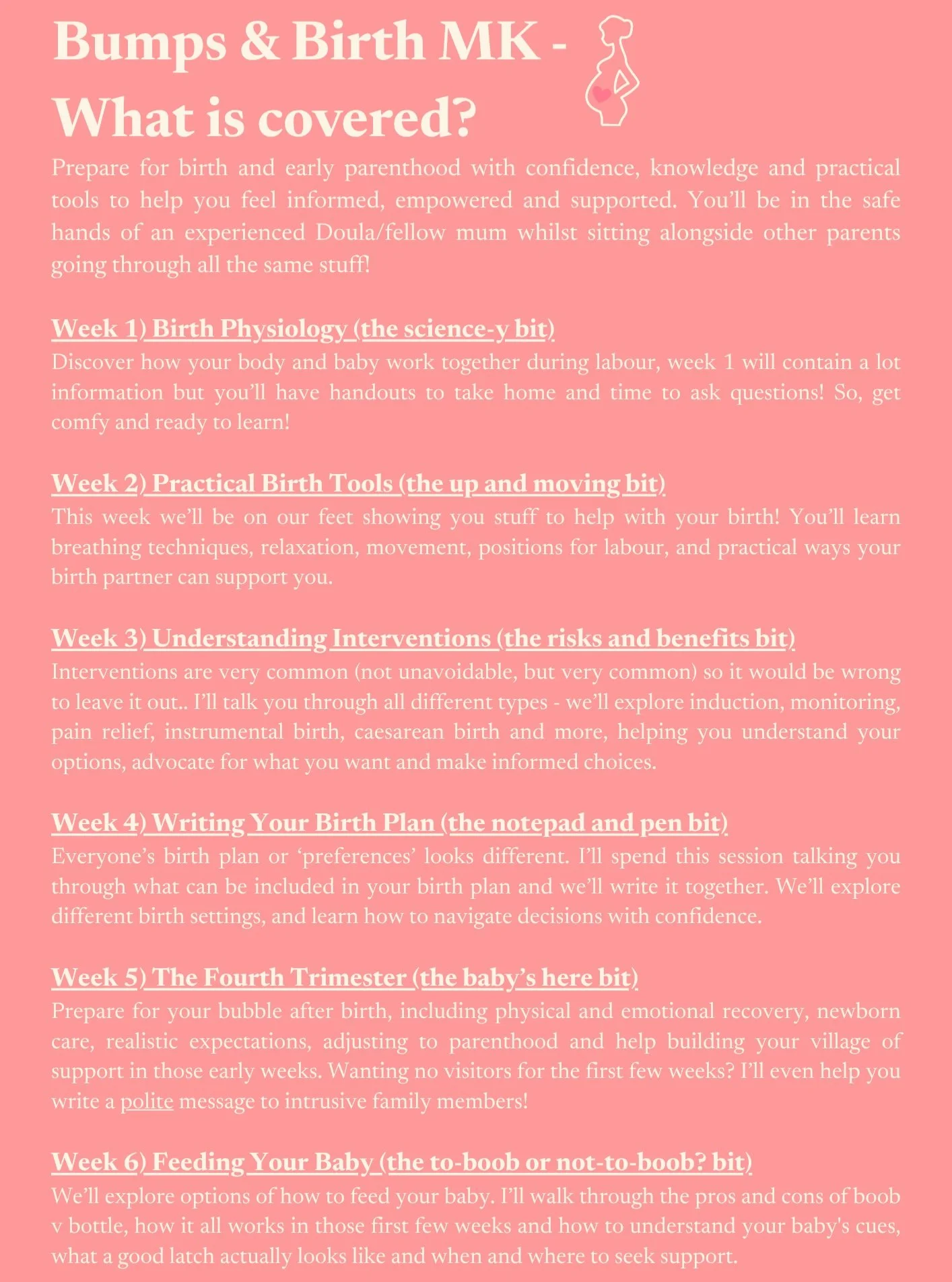 More details available on my website

www.meganmkdoula.co.uk/bumpsandbirthmk

Starting 27th October I am hosting antenatal classes like no other in Milton Keynes!

Prepare for birth and early parenthood with confidence, knowledge and practical tools 