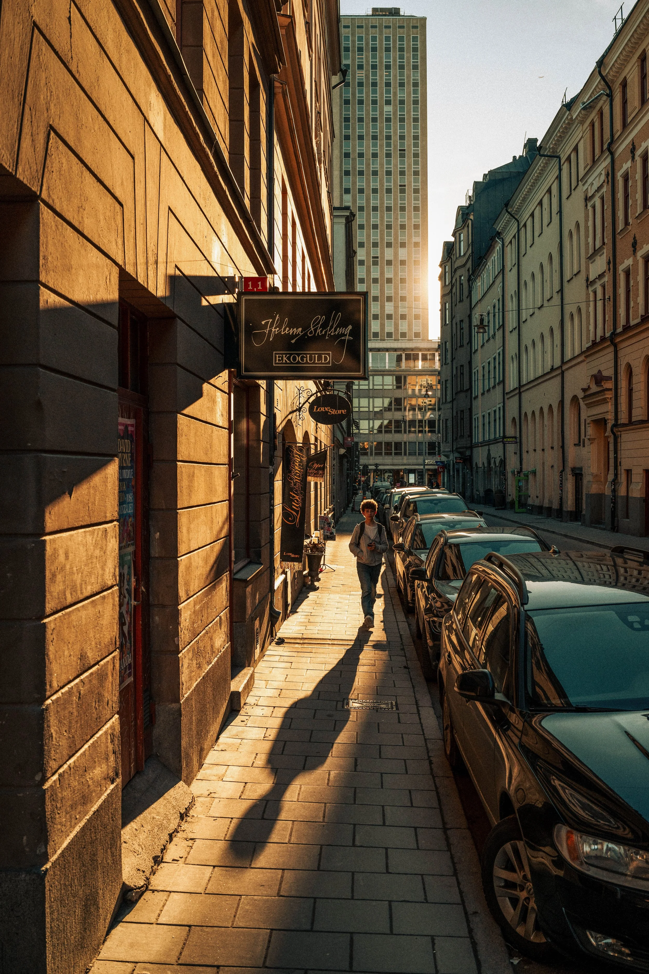 City street scene during sunset with parked cars along the sidewalk, a person walking, tall buildings, and storefront signs.