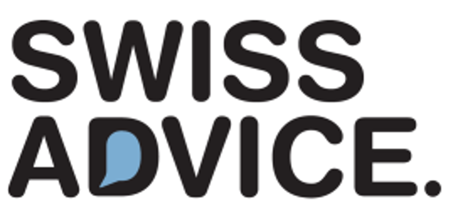 Text reading 'Swiss Advice' with a blue speech bubble inside the letter 'D'.