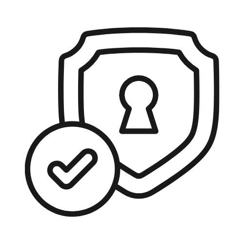 Outline of a shield with a lock symbol and a checkmark in a circle, representing security or protection.