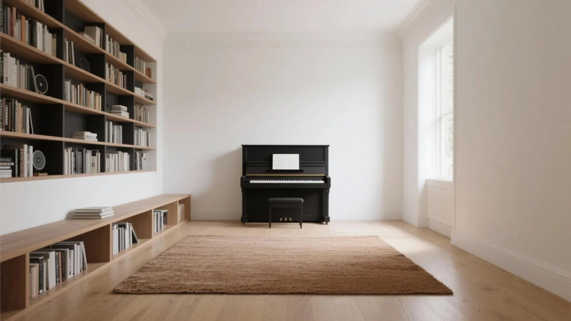 Room with a black upright piano with sheet music, a brown wooden bookshelf with books on top and a bench, a large window to the right, white walls, hardwood floor, and a brown rug in front of the piano.