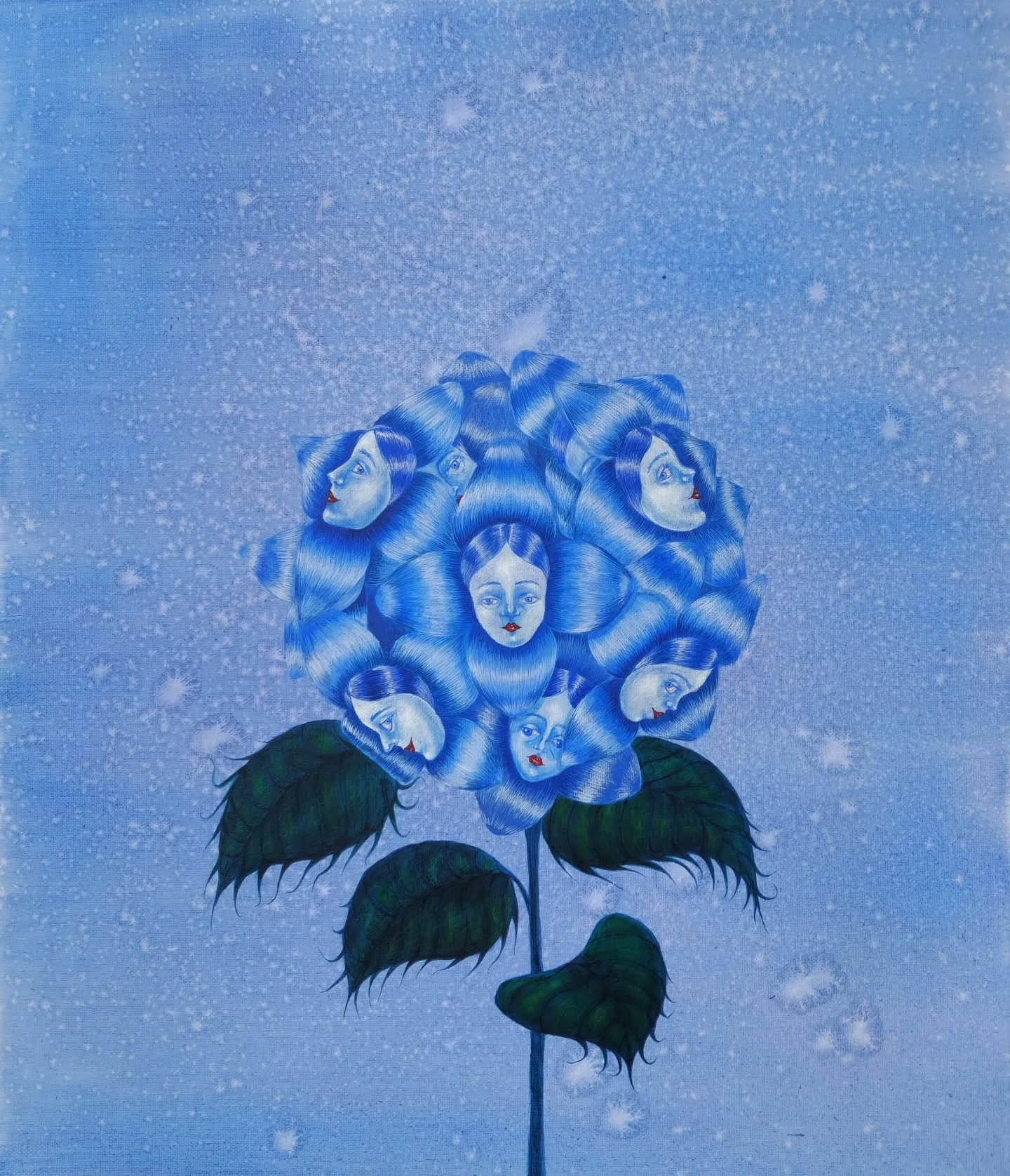 <Plastic beauty or hydrangeas in winter>, acrylic on canvas, 41X52cm, 2026.

When humanity wishes for the impossible, it finds artificial ways to make it happen. If we want beautiful flowers in winter we make them with plastic. If we want youth