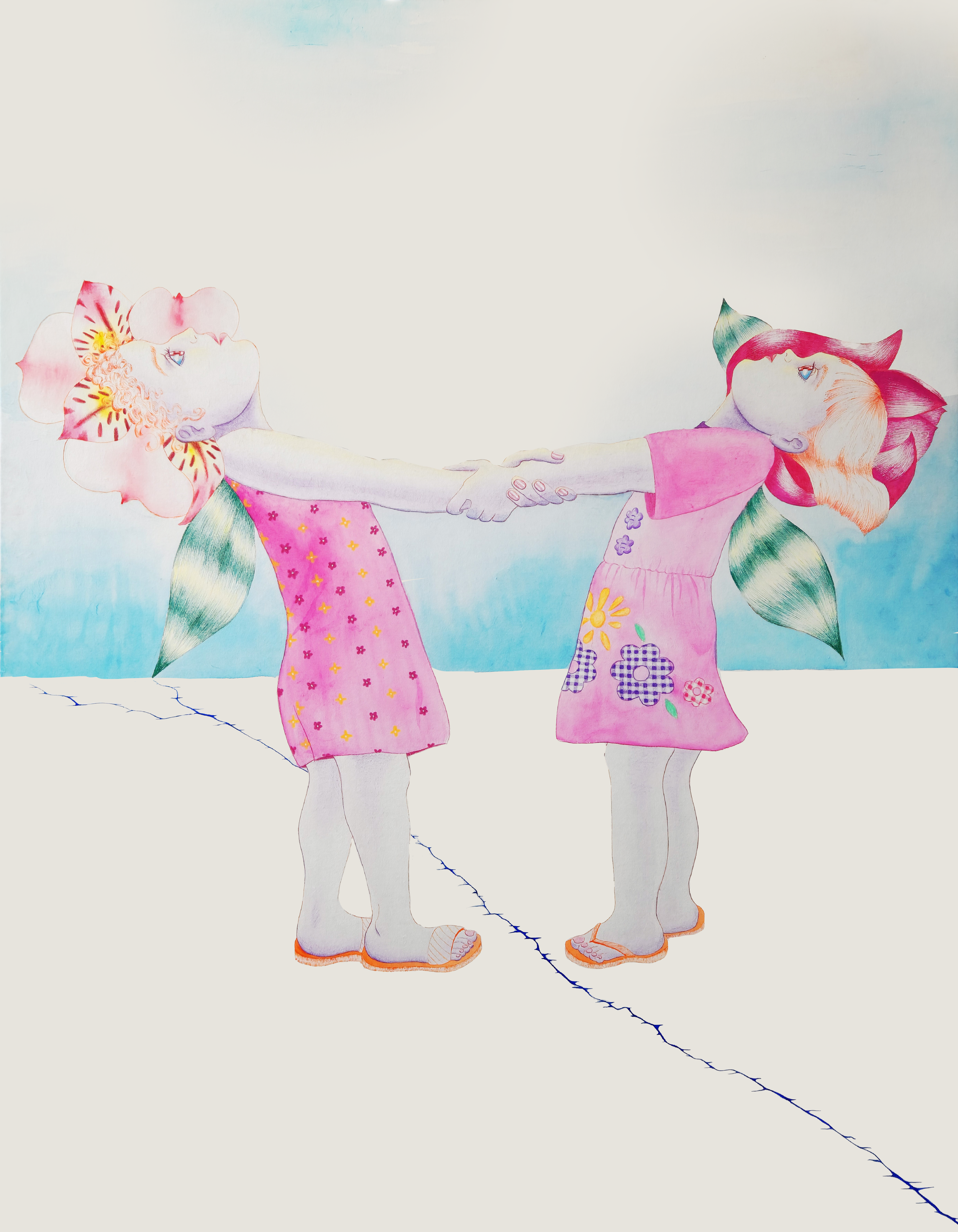 Long-distance Sisters, mixed media on hanji, 116x91cm