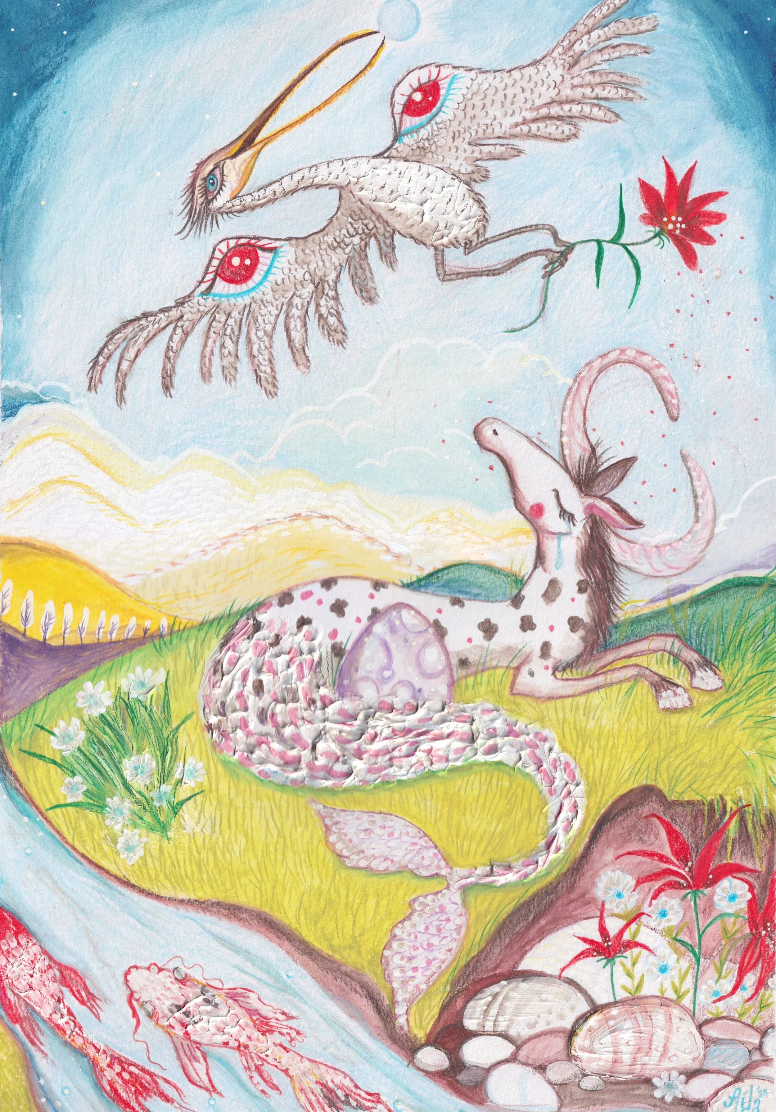 The keeper
'26

Colored pencil, markers, acrylic and textured paste on paper
29,7 x 42 cm 
Original artwork
