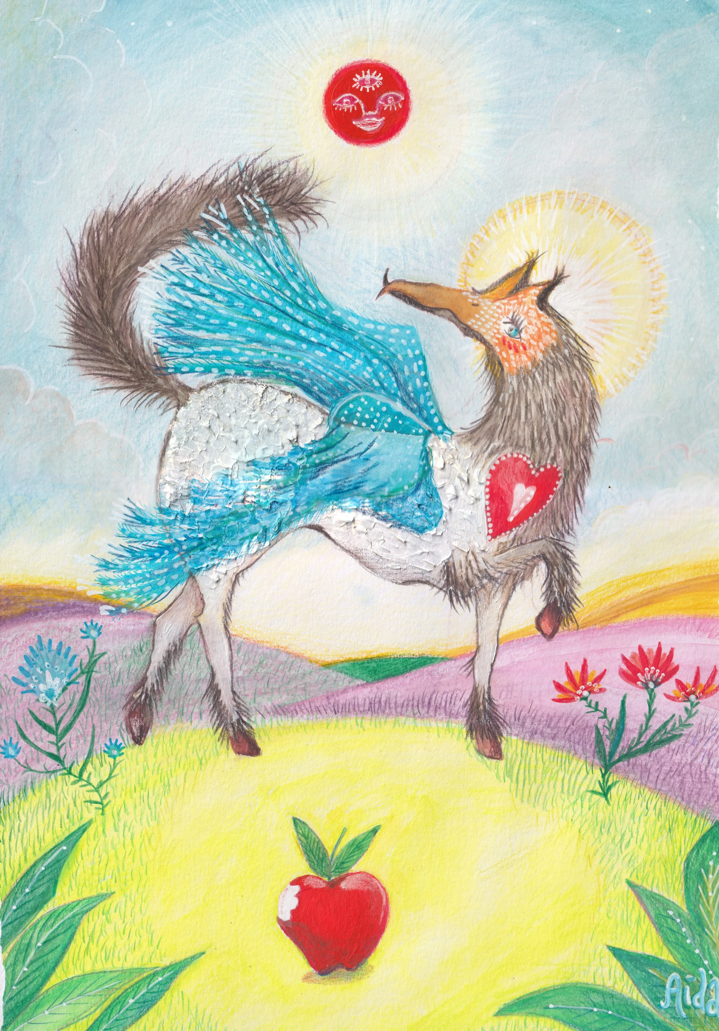 Pegasus ate the apple
'26

Colored pencil, markers, acrylic and textured paste on paper
29,7 x 42 cm 
Original artwork