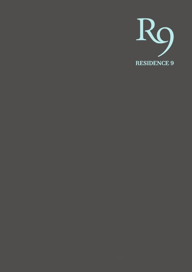 Cover of a dark gray booklet with light blue text reading 'Rg' and 'RESIDENCE 9' in the top right corner.