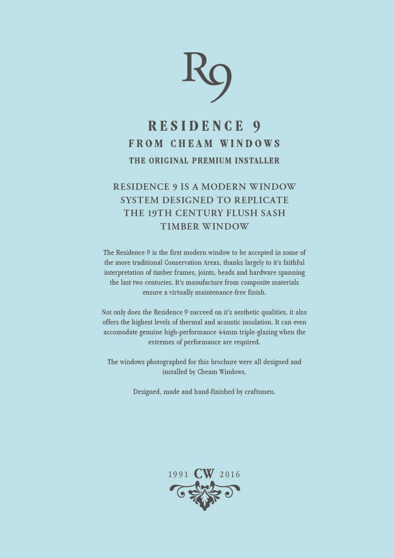 Brochure for Residence 9 from Cheam Windows, featuring a light blue background with black text about the modern timber window system, designed to replicate 19th-century flush sash timber windows, with the CW logo and years 1991 and 2016 at the bottom