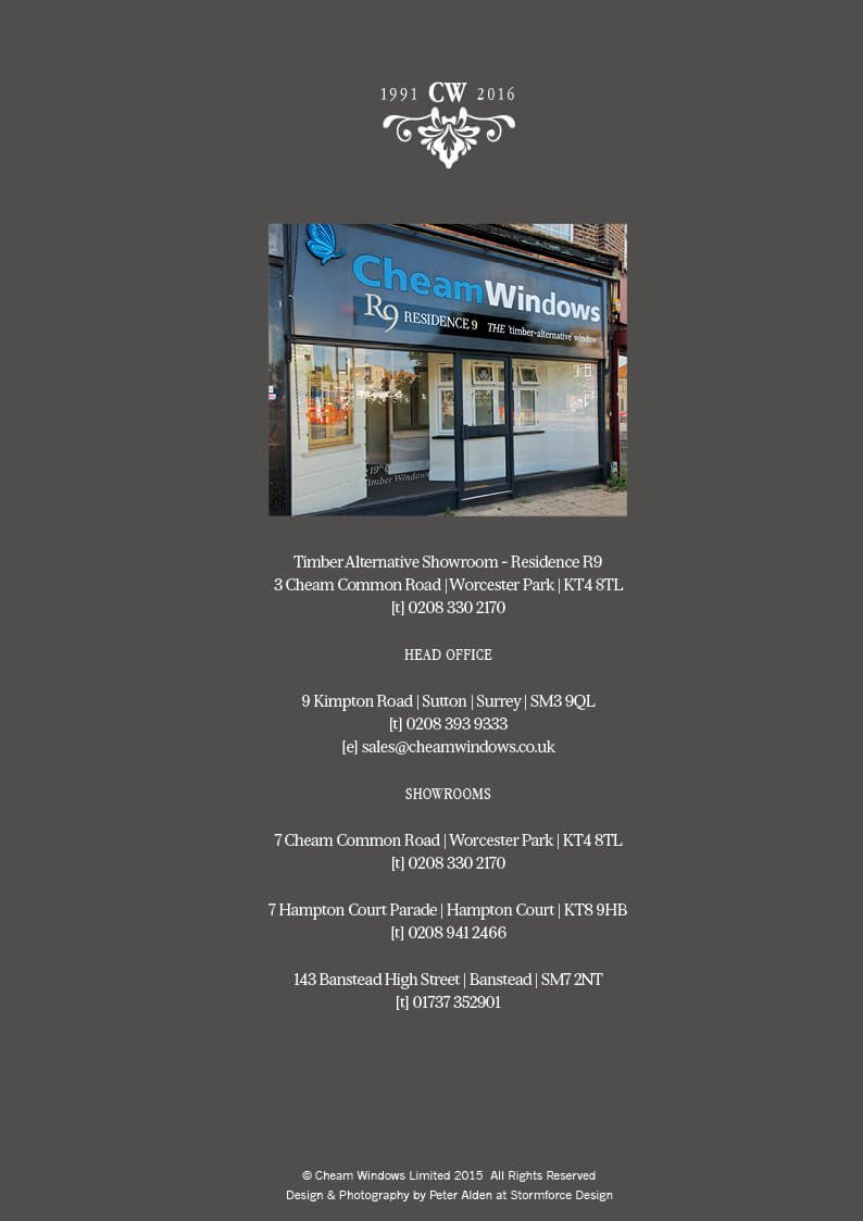 A business flyer for Cheam Windows showcasing their showroom, head office, and additional showrooms, with contact details.
