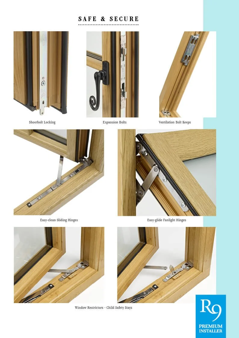 Display of various window hardware components, including shootbolt locking, expansion bolts, ventilation bolt keeps, easy-clean sliding hinges, easy-glide fanlight hinges, and child safety stays, with a logo in the bottom right corner reading 'RG Pre