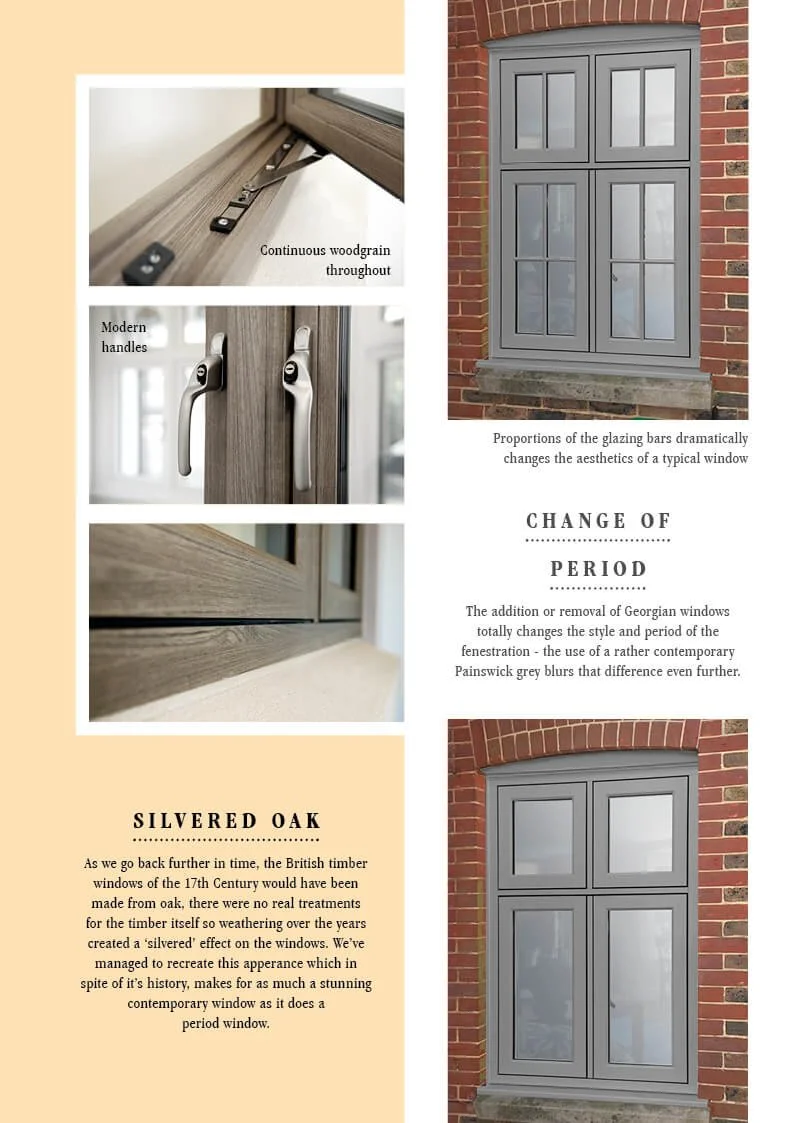 Images of traditional and modern Georgian-style windows with different handle designs and woodgrain finishes, set in a brick wall, highlighting their aesthetic features.