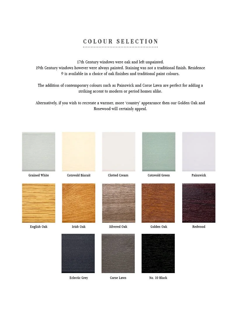 A color selection chart with paint swatches labeled Grained White, Cotswold Biscuit, Clotted Cream, Cotswold Green, Painswick, English Oak, Irish Oak, Silvered Oak, Golden Oak, Redwood, Eclectic Grey, Corse Lawn, and No. 10 Black, accompanied by text