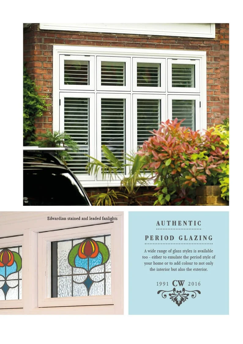 Photo of a house window with white plantation shutters, surrounded by green and red foliage and a parked black car.