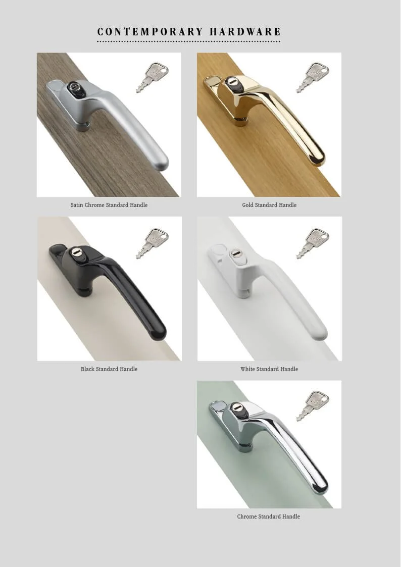 Collection of five contemporary window handles in different finishes: satin chrome, gold, black, white, and chrome, each with a key.